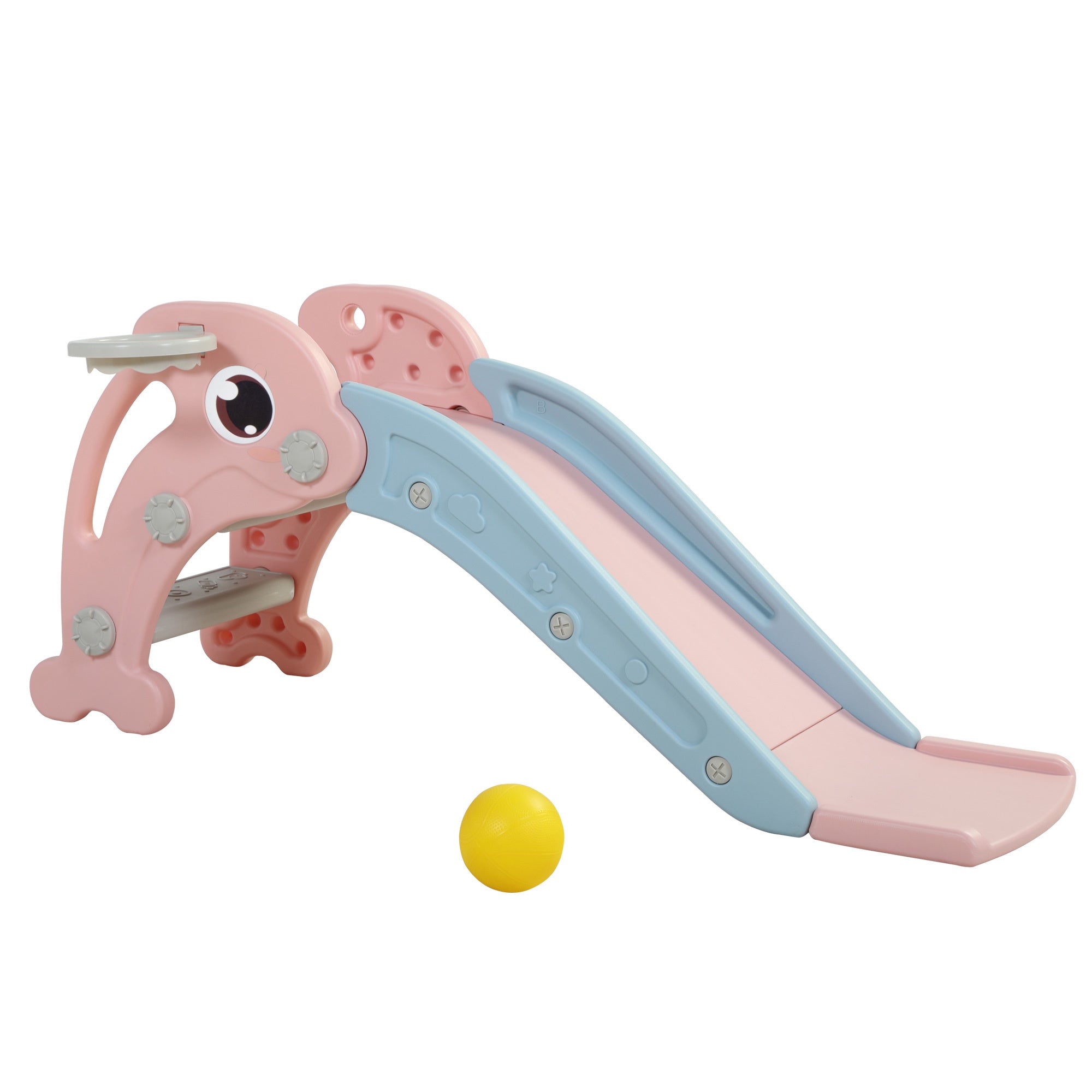 2 in 1 Slide, Toddler Freestanding Extra Long Slide with Basketball Hoop & Ball, Indoor Outdoor, Pink