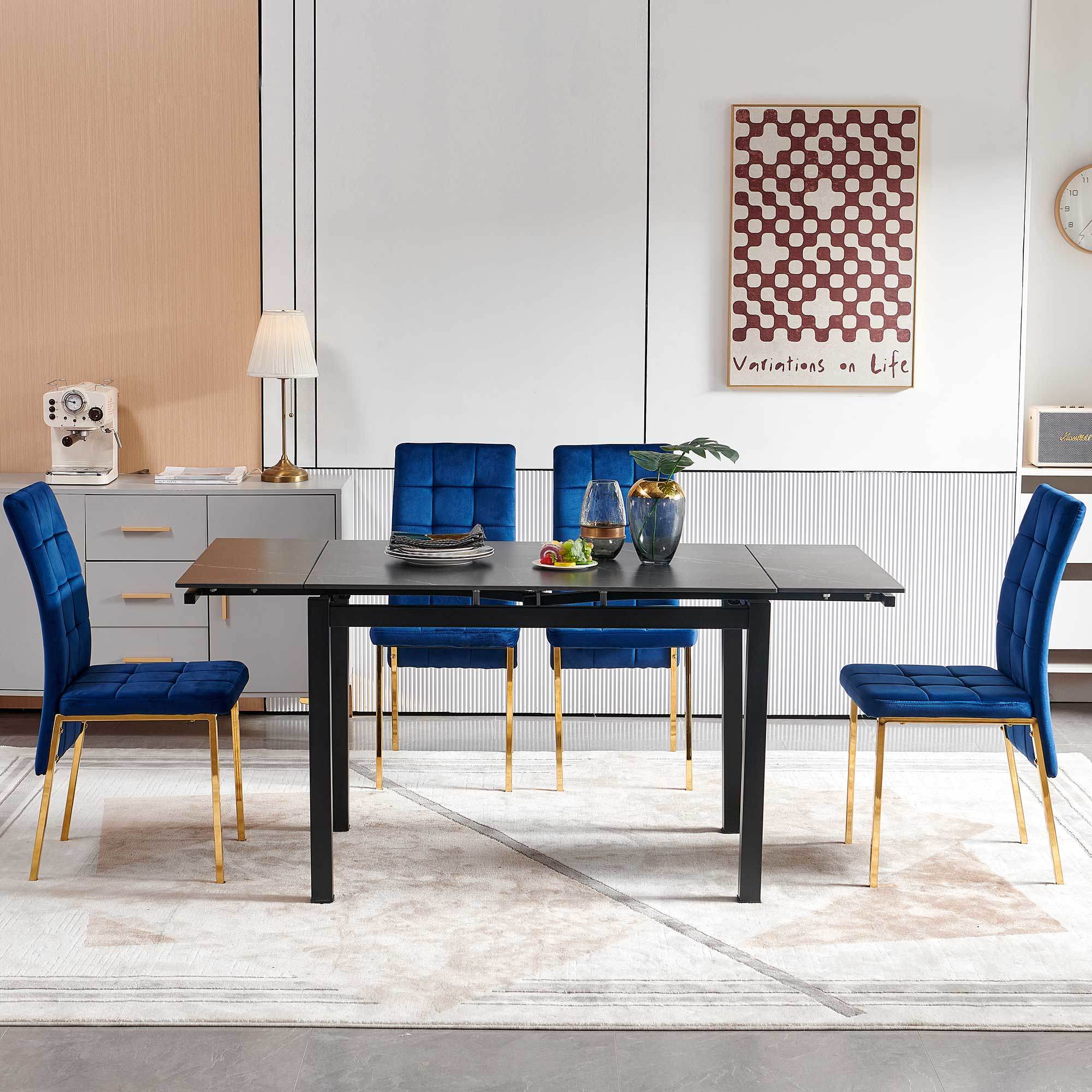 5-Pieces Slate Dining Table Dining Set Including Blue Velvet High Back Golden Color Legs for Living Room,Dining Room,Kitchen