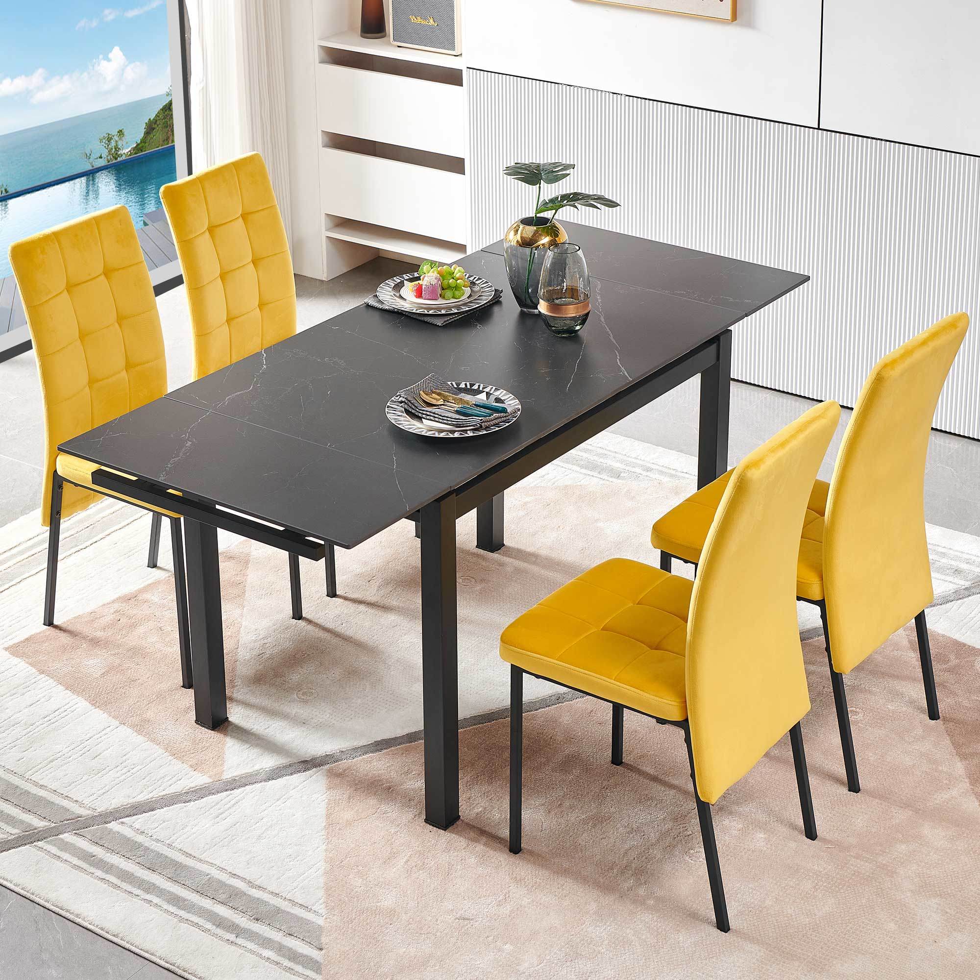 5-Pieces Slate Dining Table Dining Set Including Yellow Velvet High Back Black Color Legs for Living Room,Dining Room,Kitchen