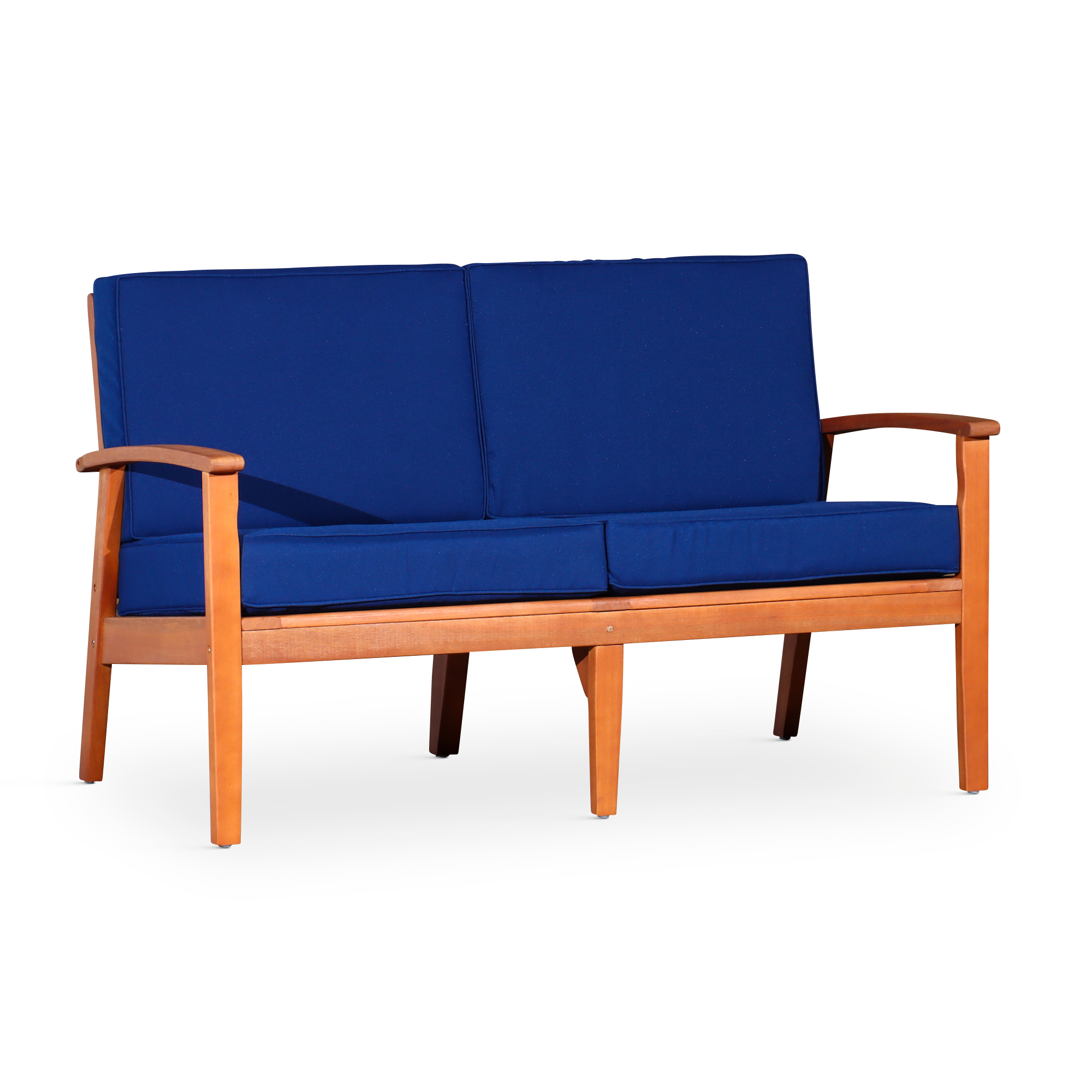 Eucalyptus Loveseat with Cushions, Natural Oil Finish, Navy Cushions