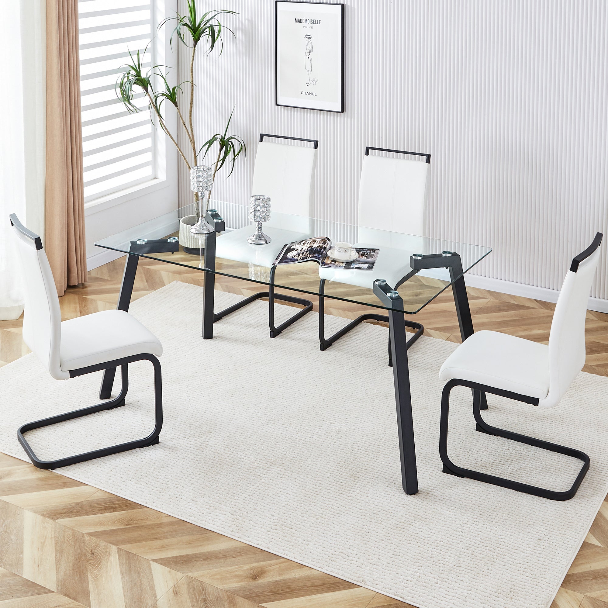 Table and chair set, 1 table and 4 chairs. Rectangular glass dining table, 0.31 "tempered glass tabletop and black coated metal legs. Paired with white PU black leg chairs. 1123 1162