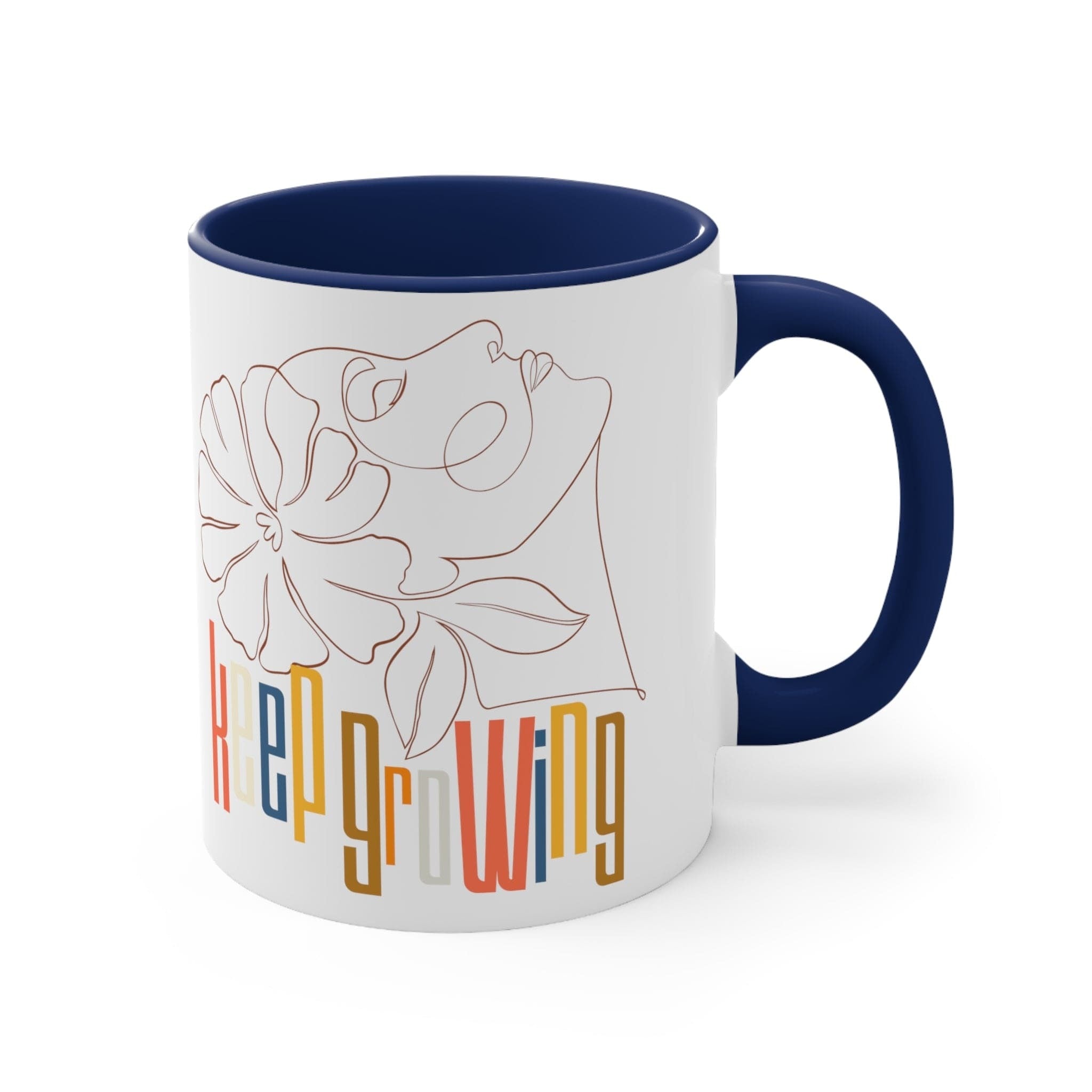 Accent Ceramic Mug 11oz - Say It Soul - Keep Growing In Pastel Colors, Spring Inspiration, Floral Line Art, Woman Line Art,