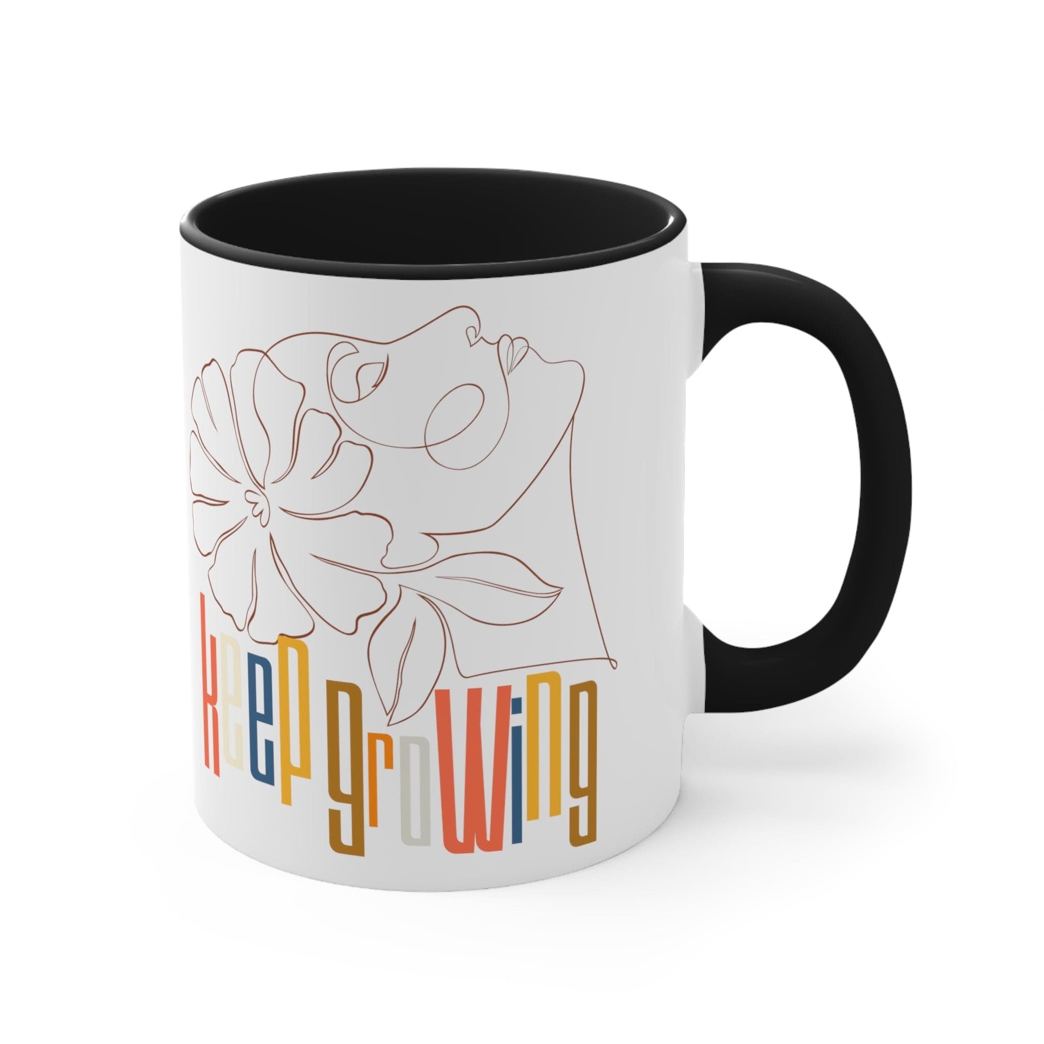 Accent Ceramic Mug 11oz - Say It Soul - Keep Growing In Pastel Colors, Spring Inspiration, Floral Line Art, Woman Line Art,