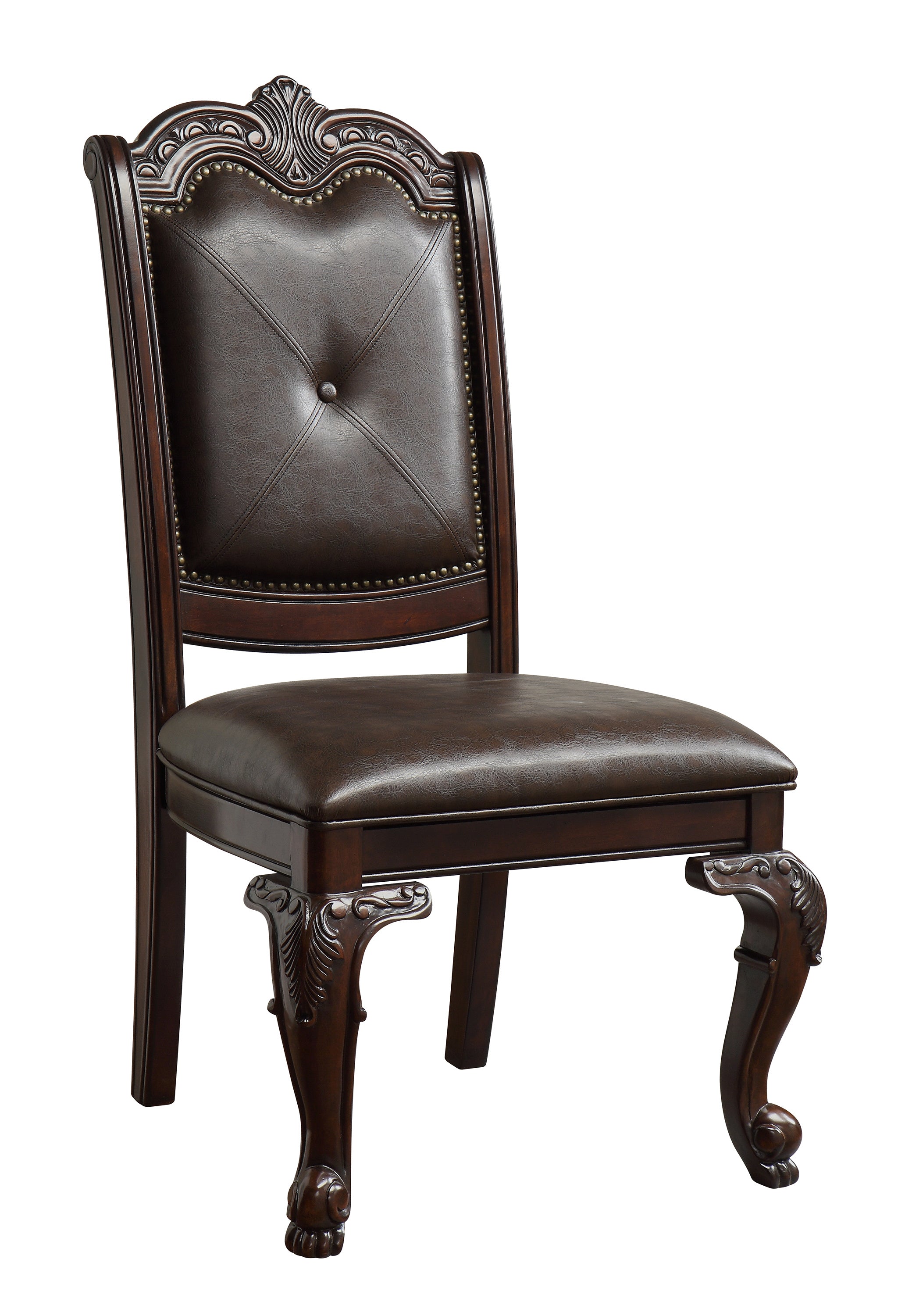 Beautiful Hand Carved Formal Traditional Dining Side Chair with Faux Leather Upholstered Padded Seat and Back Button Tufting Detail Dining Room Solid Wood Furniture Brown Espresso