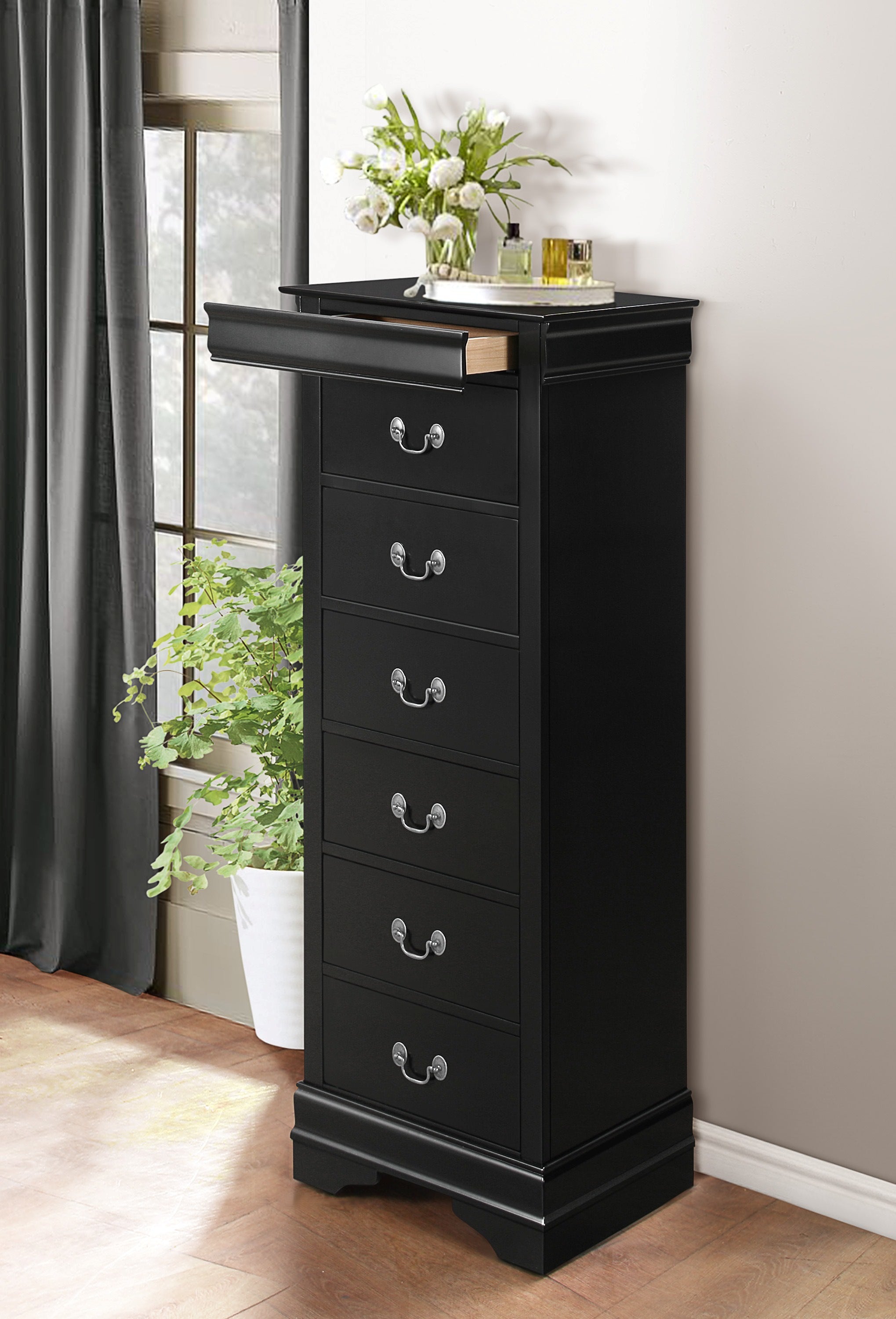 Traditional Design Louis Phillippe Style 1pc Lingerie Chest of 7x Drawers Black Finish Hidden Drawers Wooden Furniture