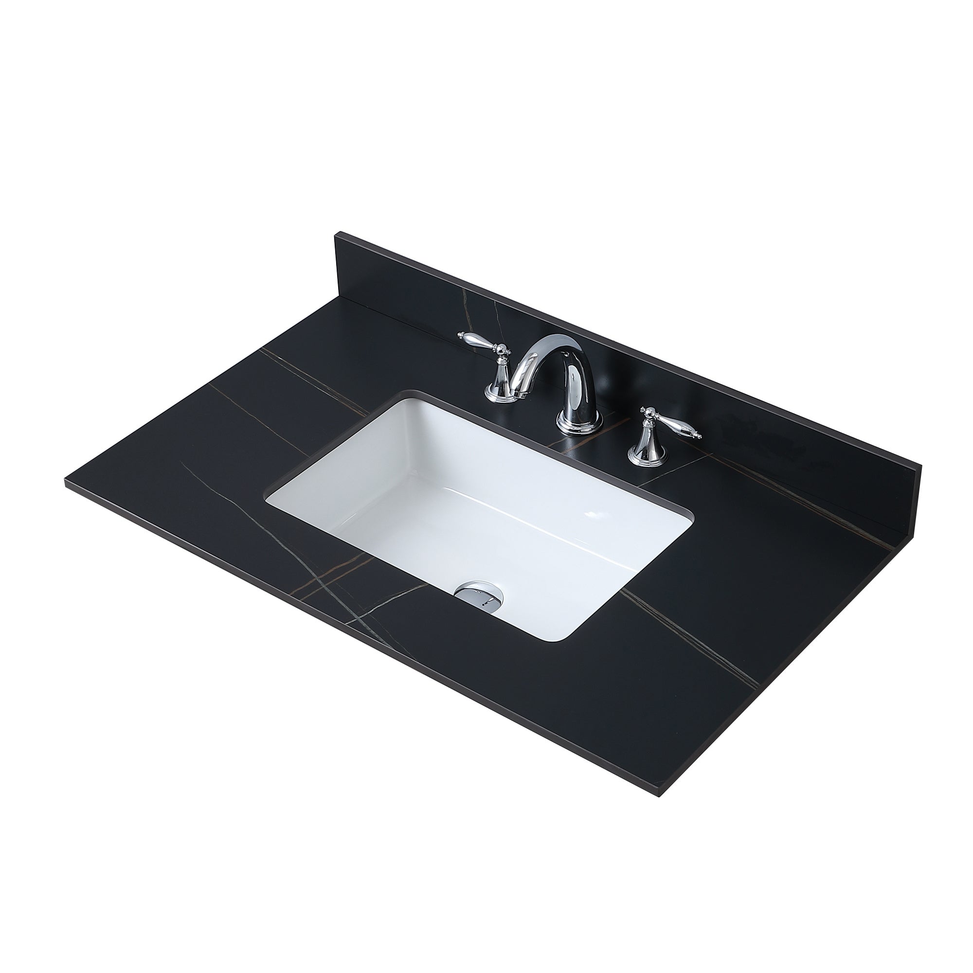 Montary 37inch bathroom stone vanity top black gold color with undermount ceramic sink and three faucet hole with backsplash