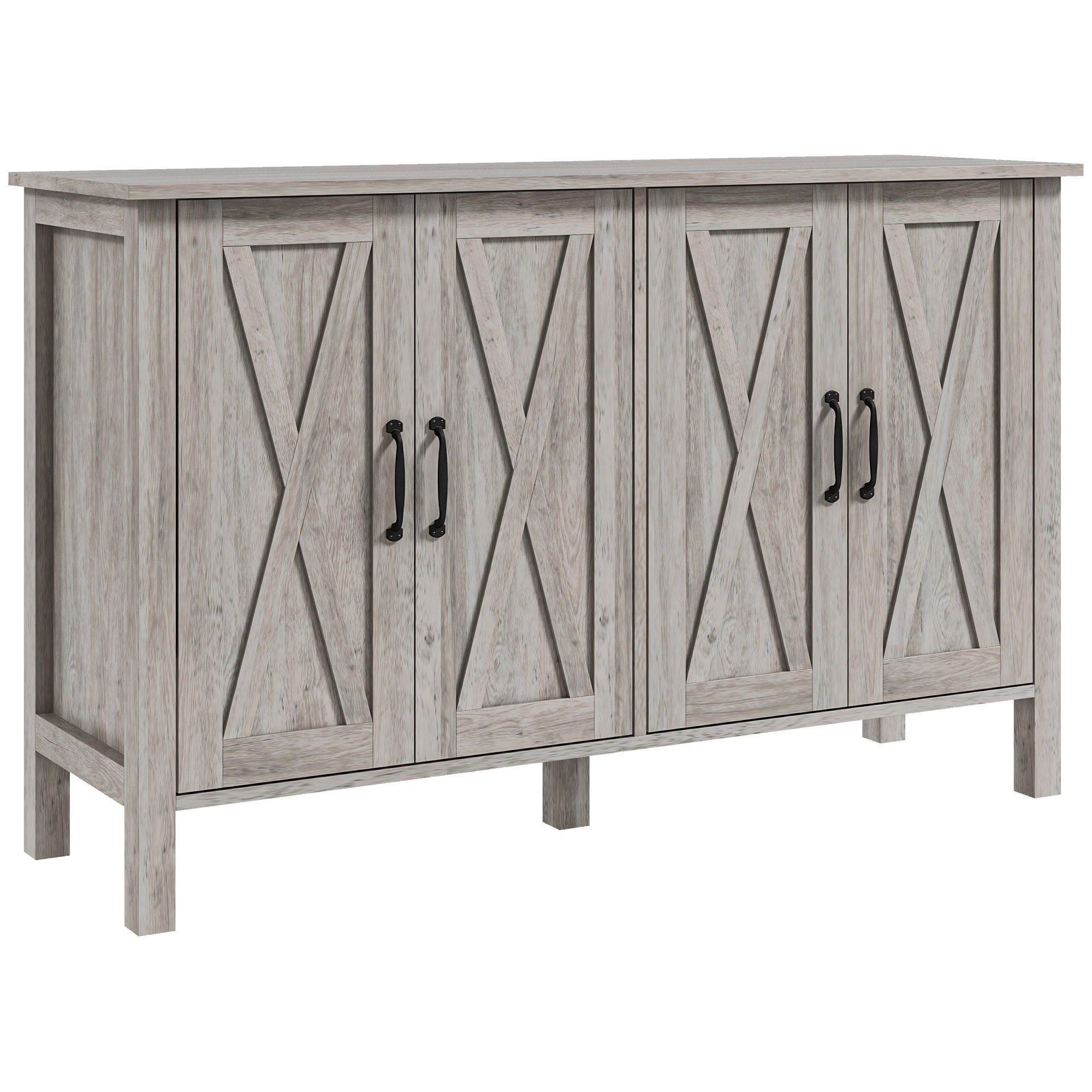 Buffet Cabinet, 47" Sideboard with 4 Barn Doors and 2 Adjustable Shelves, Farmhouse Coffee Bar Cabinet, Gray Wood Grain