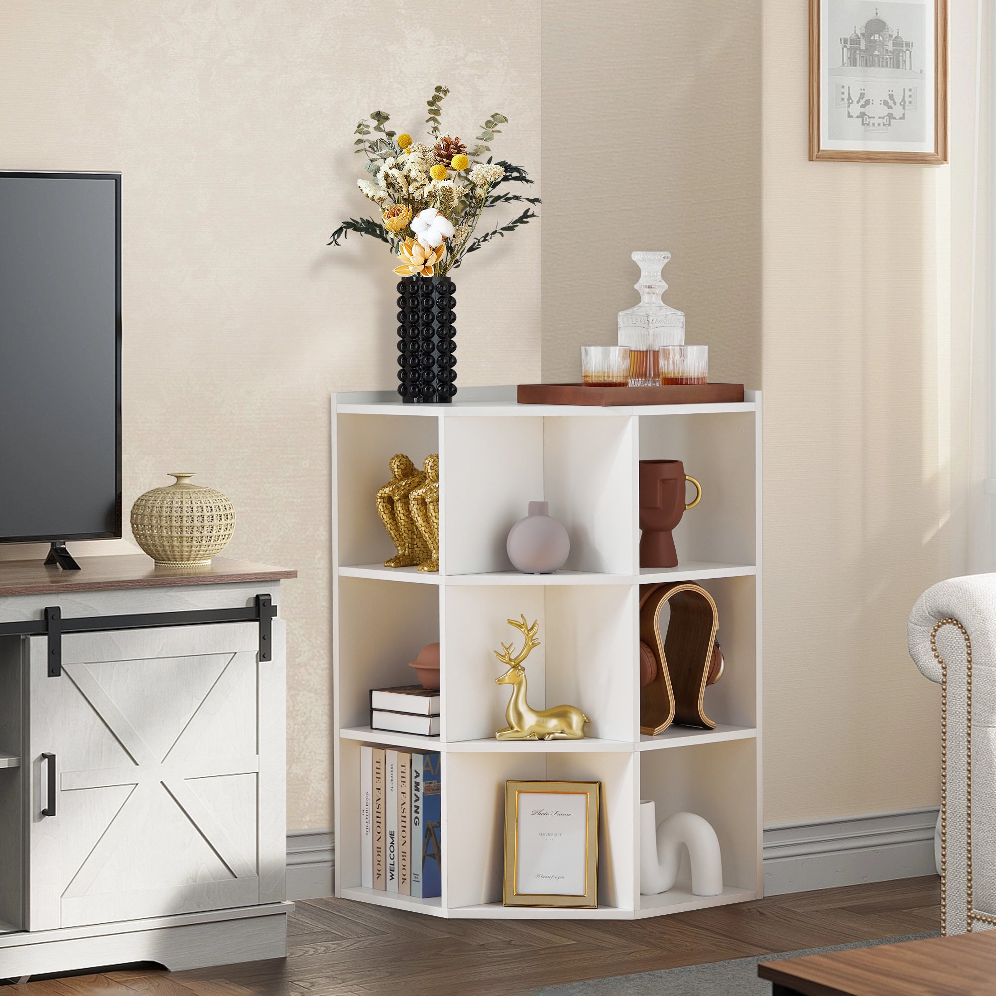 Corner Cabinet, Wooden Corner Storage Cabinet with USB and Outlets, Corner Cube Toy Storage Board Game Storage Cabinet for Bedroom, Living Room, Playroom, Home Office (White)