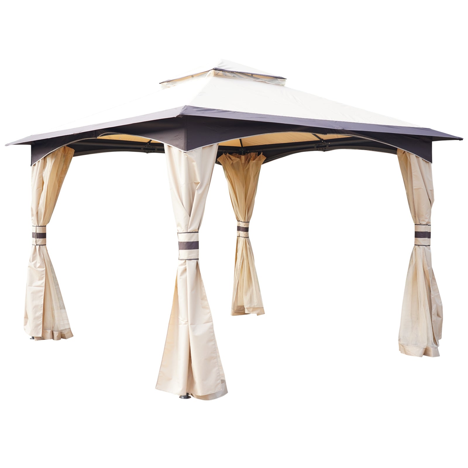 10' x 10' Outdoor Gazebo with Netting and Curtains, Patio Gazebo Canopy with 2-Tier Soft Top Roof and Steel Frame for Lawn, Garden, Backyard and Deck