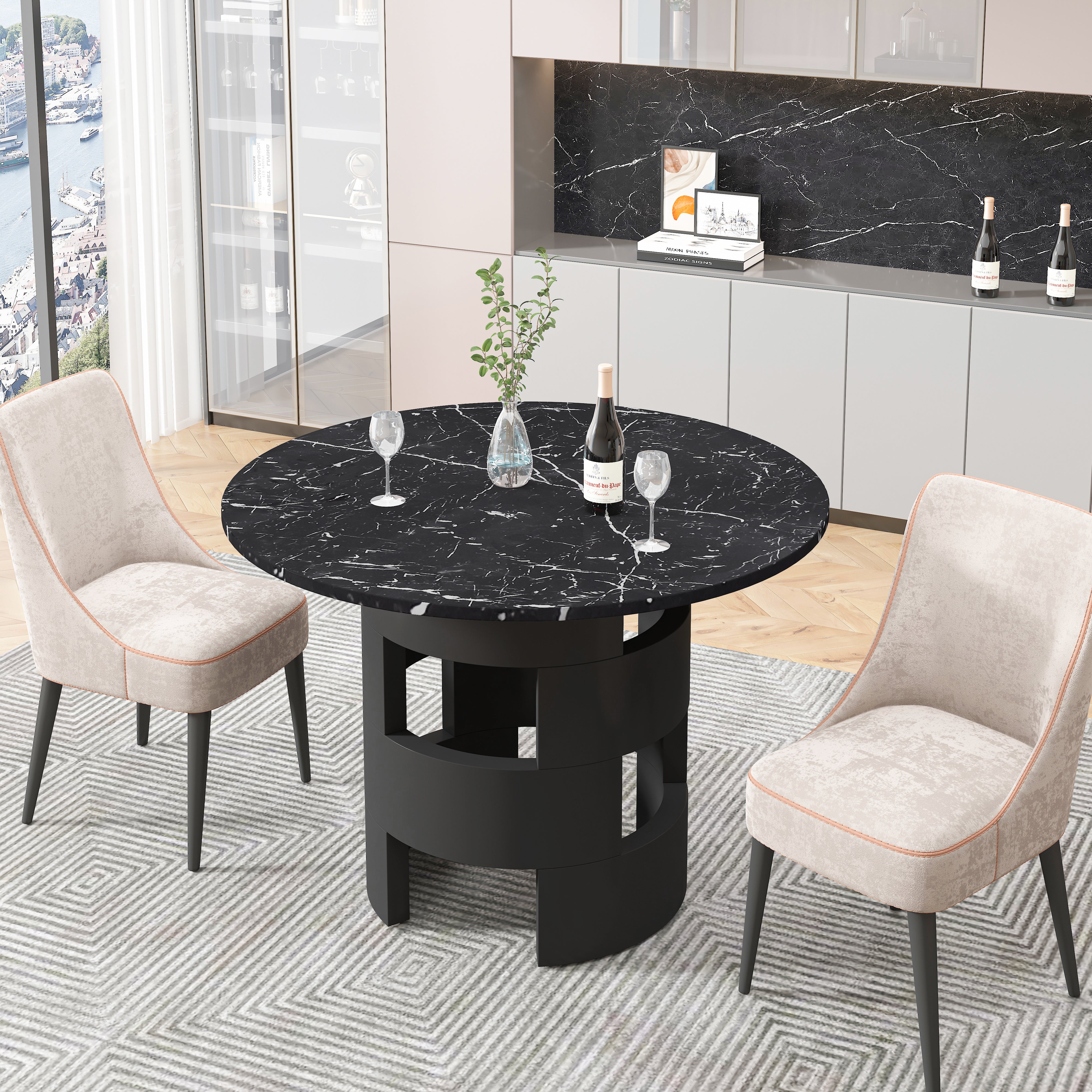 42.12"Modern Round Dining Table with Printed Black Marble Table Top for Dining Room, Kitchen, Living Room