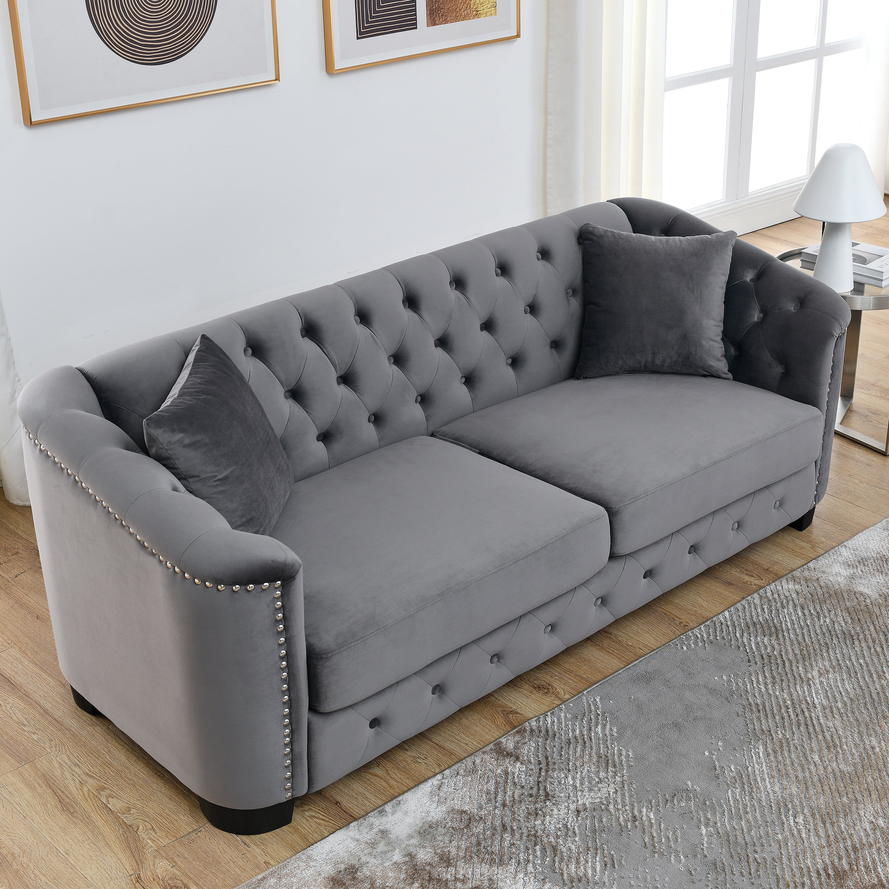 77-Inch Modern Chesterfield Velvet Sofa, 3-Seater Sofa, Upholstered Tufted Backrests with Nailhead Arms and 2 Cushions for Living Room, Bedroom, Apartment, Office (Grey)