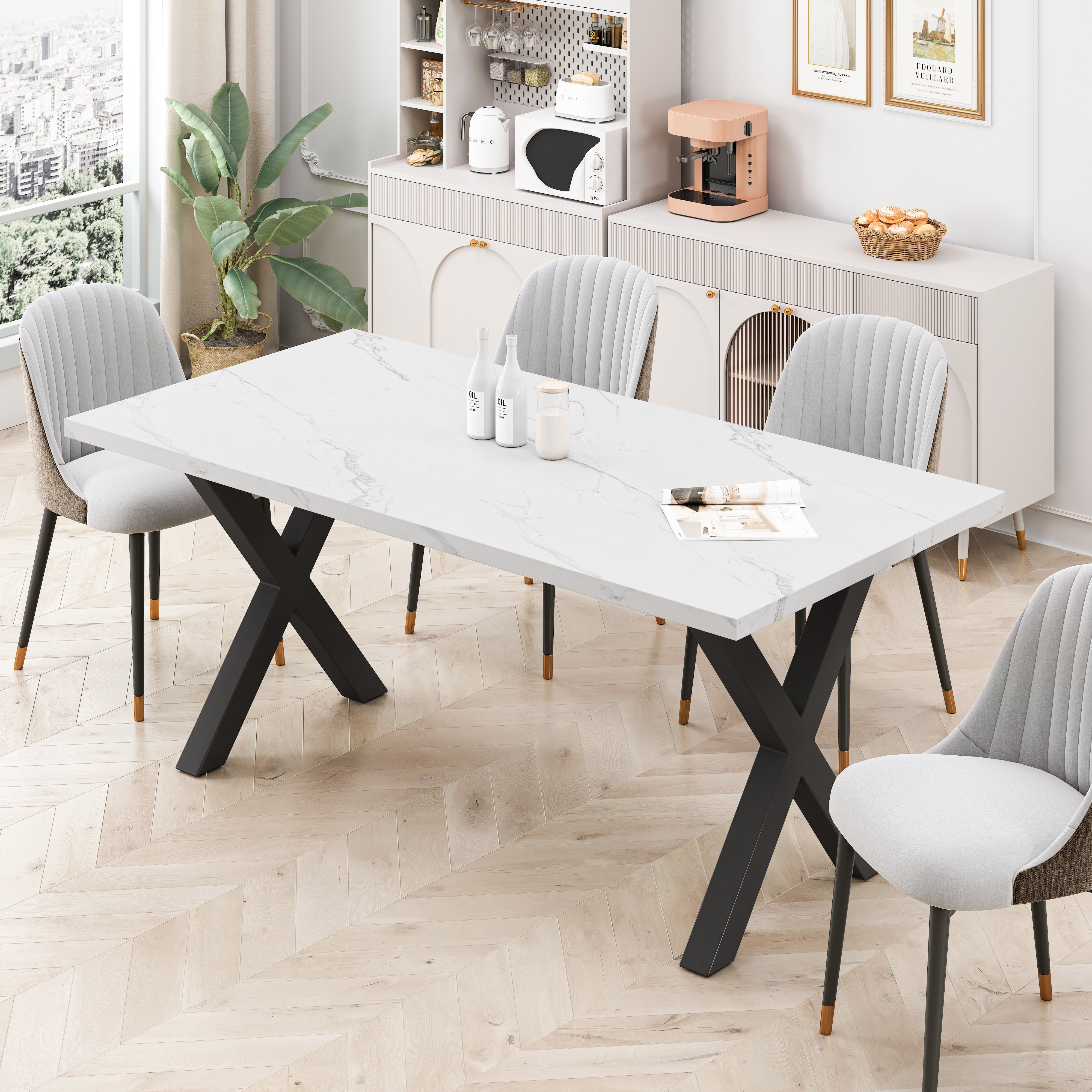 70.87"Modern Square Dining Table with Printed White Marble Table Top+Black X-Shape Table Leg