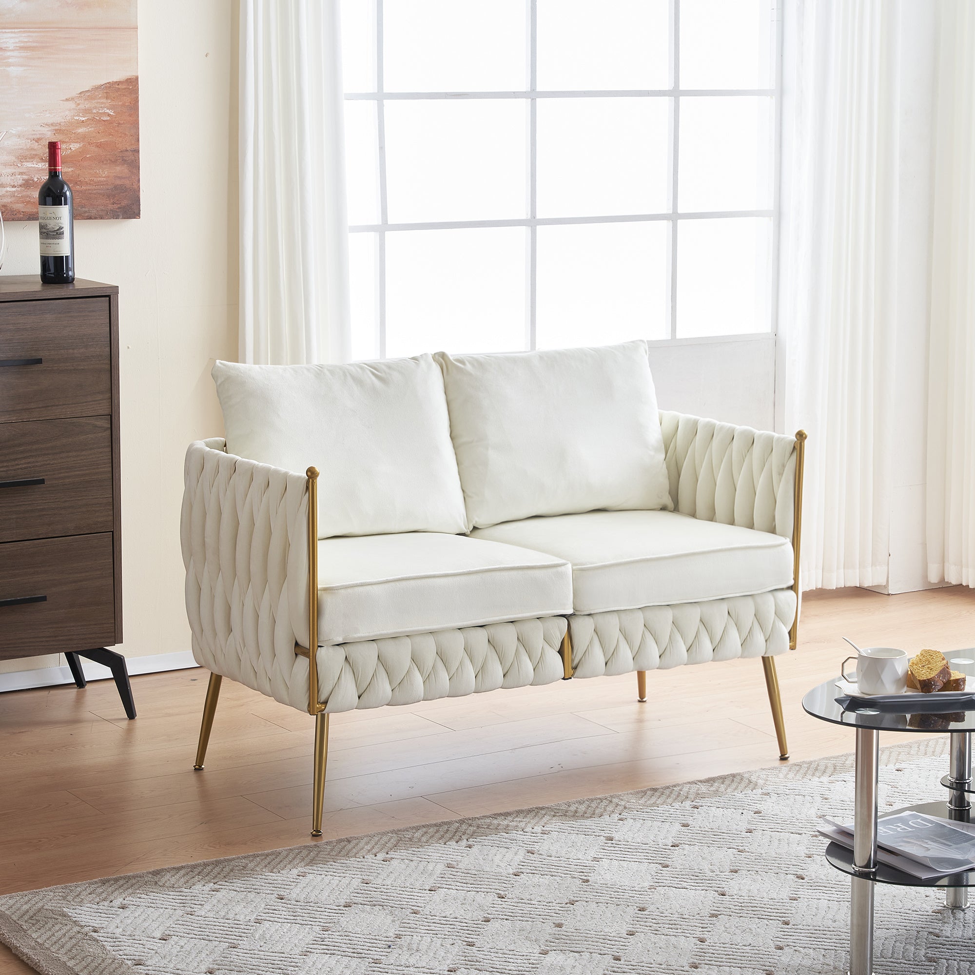 Mid Century Modern Velvet Loveseat Sofa Small Love Seats Handmade Woven & Golden Legs Comfy Couch for Living Room, Upholstered 2 Seater Sofa for Small Apartment , Cream White Velvet
