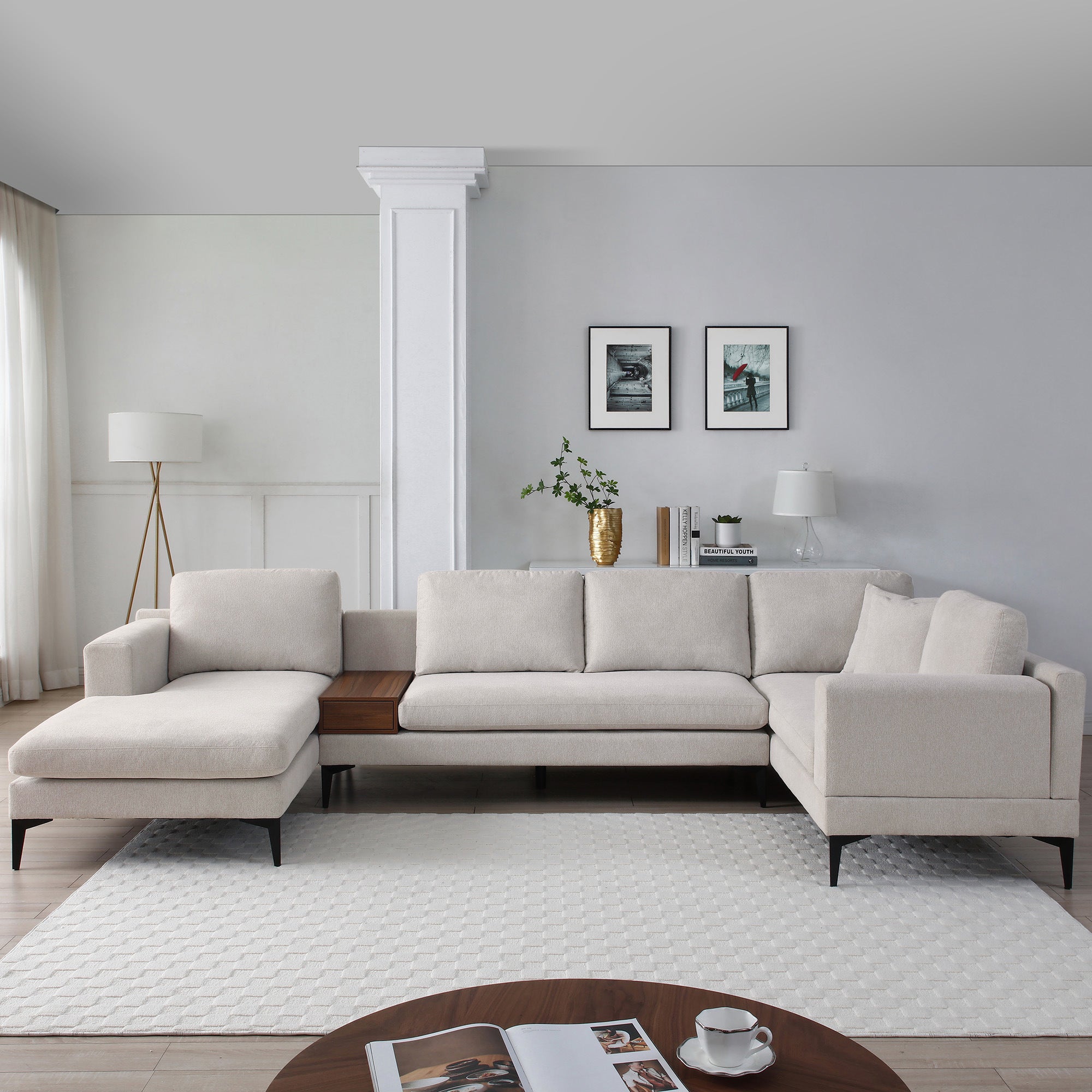 3-Piece U-Shape Upholstered Sectional Couch Sofa Set with 1 Two-seat Sofas 1 Two-seat Armless Sofa 1 Chaise and 1 Small Coffee Table with Drawers, with Reversible Chaise Lounge, Texture Champange