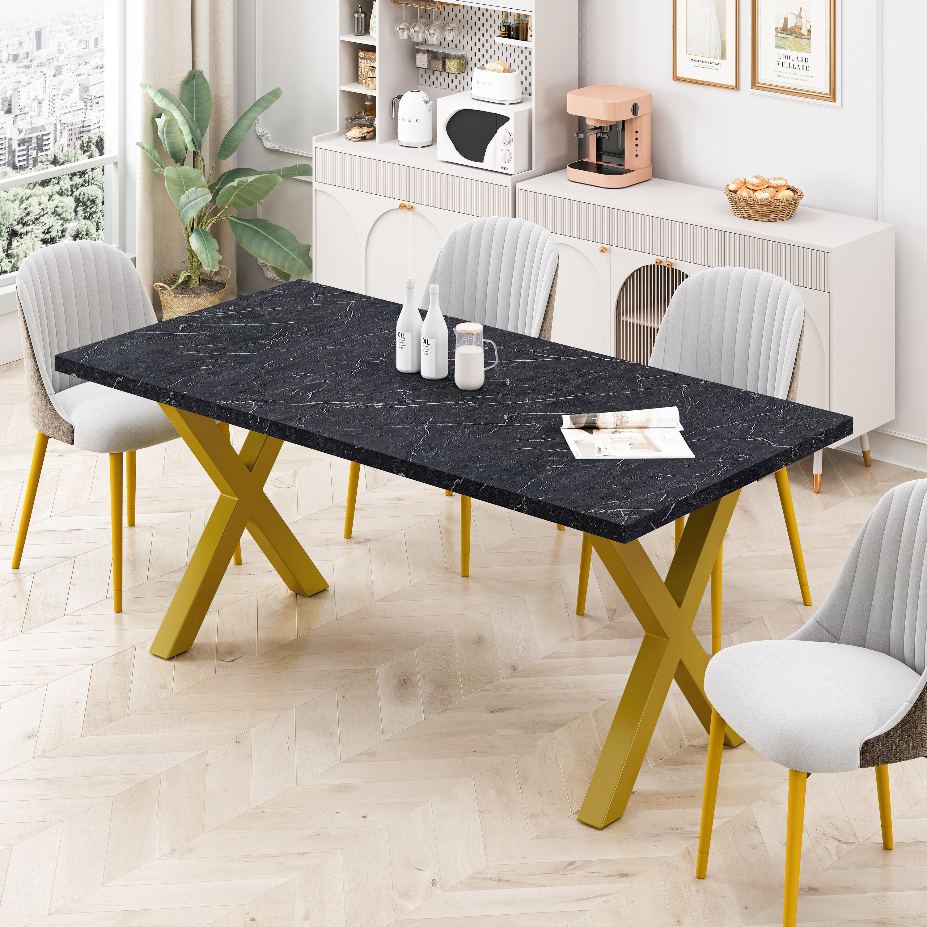 70.87"Modern Square Dining Table with Printed Black Marble Table Top+Gold X-Shape Table Leg