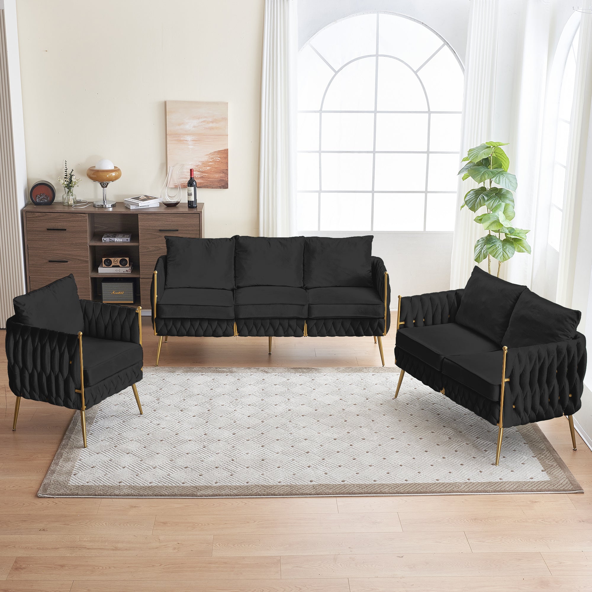 Modern 3-Piece Velvet Upholstered Handmade Woven Back Sofa Sets with Sturdy Metal Legs, Including Three Seat Couch Loveseat, and Single Chair for Living Room, Black Velvet