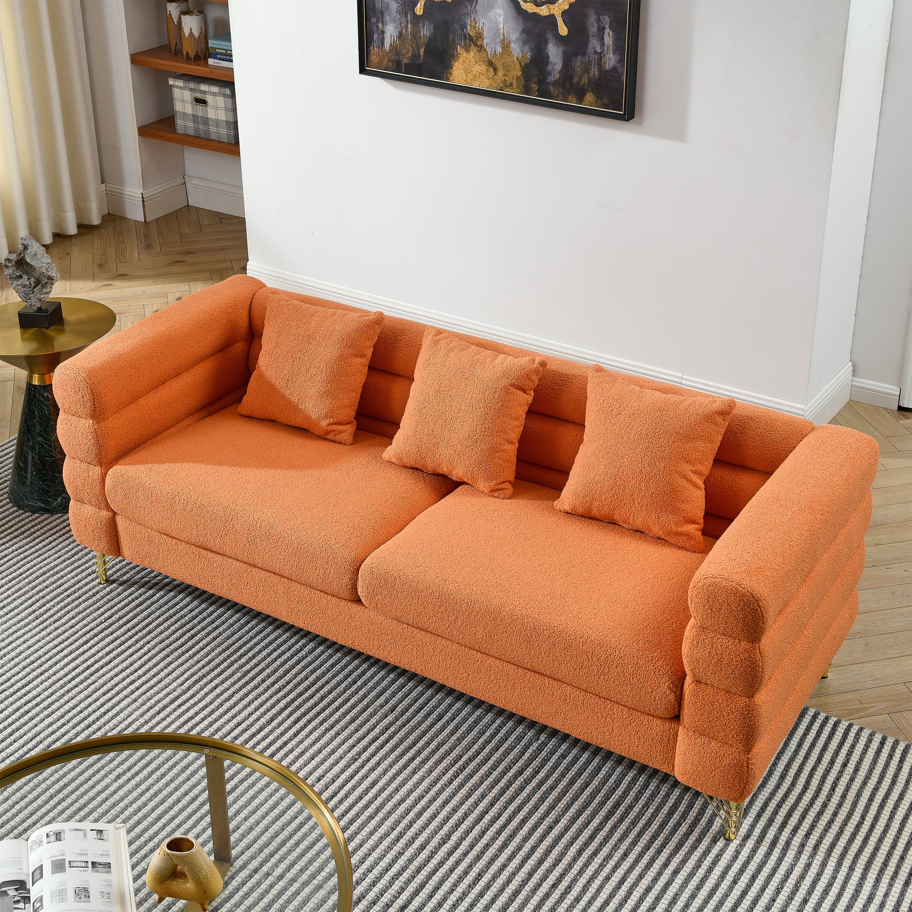 81 Inch Oversized 3 Seater Sectional Sofa, Living Room Comfort Fabric Sectional Sofa - Deep Seating Sectional Sofa, Soft Sitting with 3 Pillows for Living Room, Bedroom, Office, etc., Orange teddy