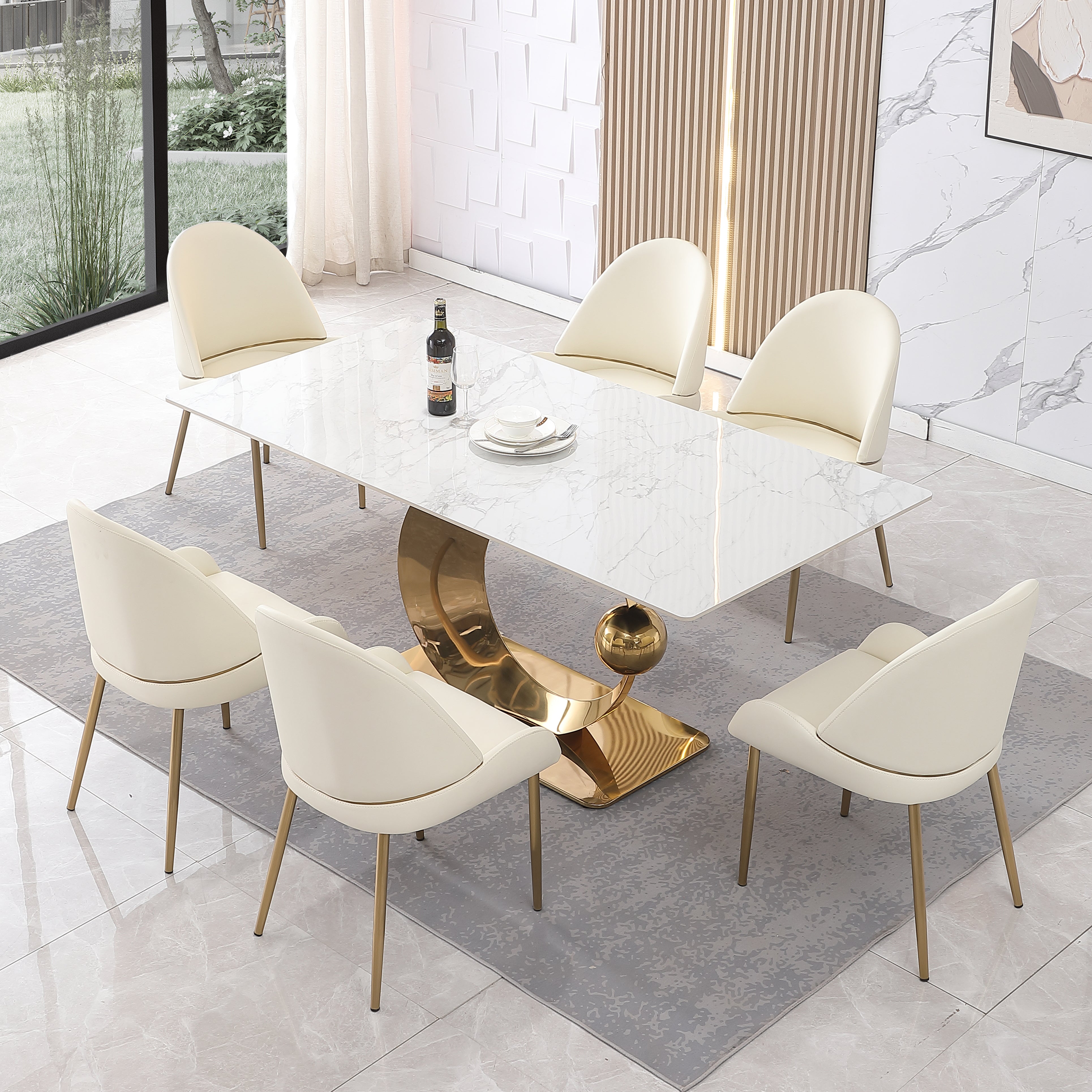 71-Inch Stone DiningTable with Carrara White color and Round special shape carbon steel Pedestal Base with 6PCS Chairs