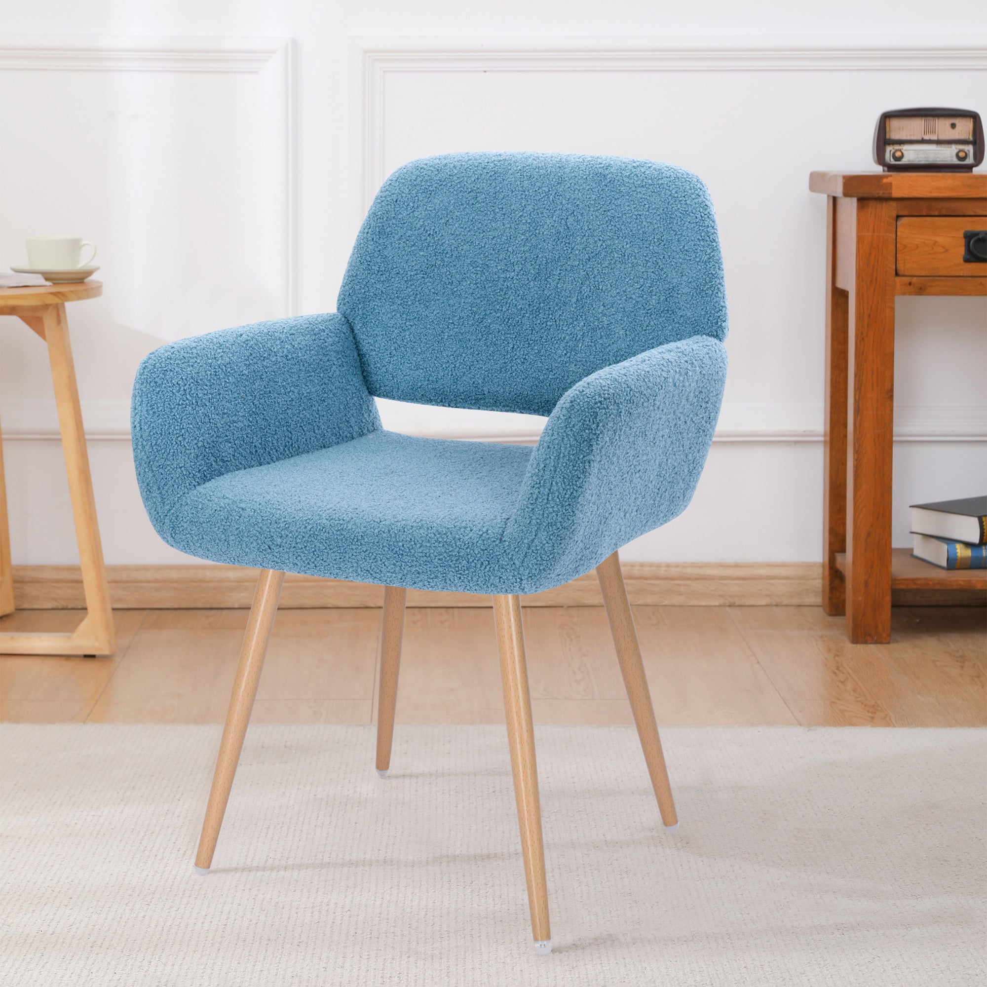 Teddy Fabric Upholstered Side Dining Chair with Metal Leg(Blue teddy fabric+Beech Wooden Printing Leg),KD backrest