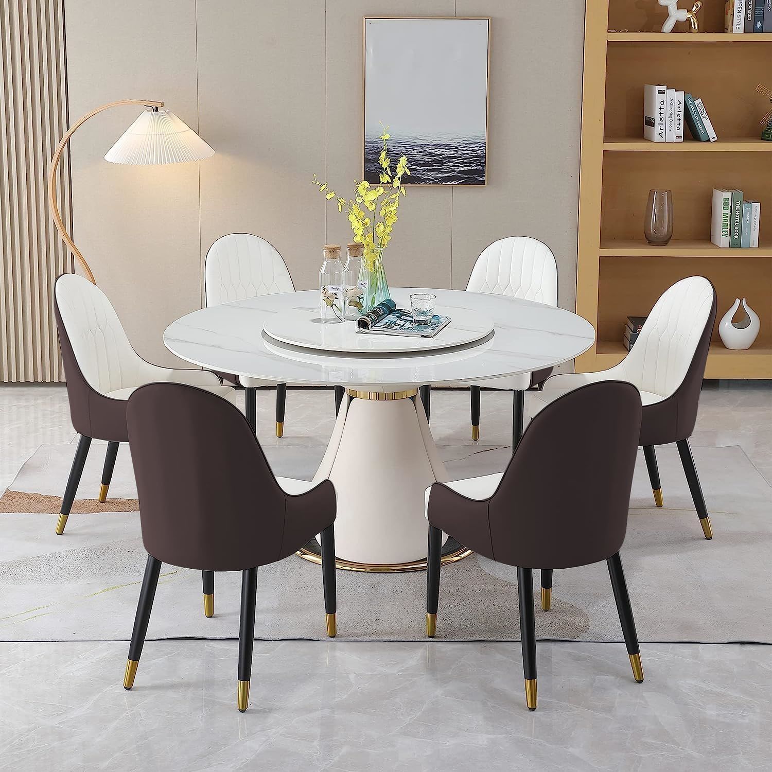 Round Marble Dining Table Set for 6-8, Round Kitchen Table with Petal-Shaped Unique Design, Dining Room Table Set Petal Pu Leather & Metal Base (59'' Table with 6 Brown Chairs)