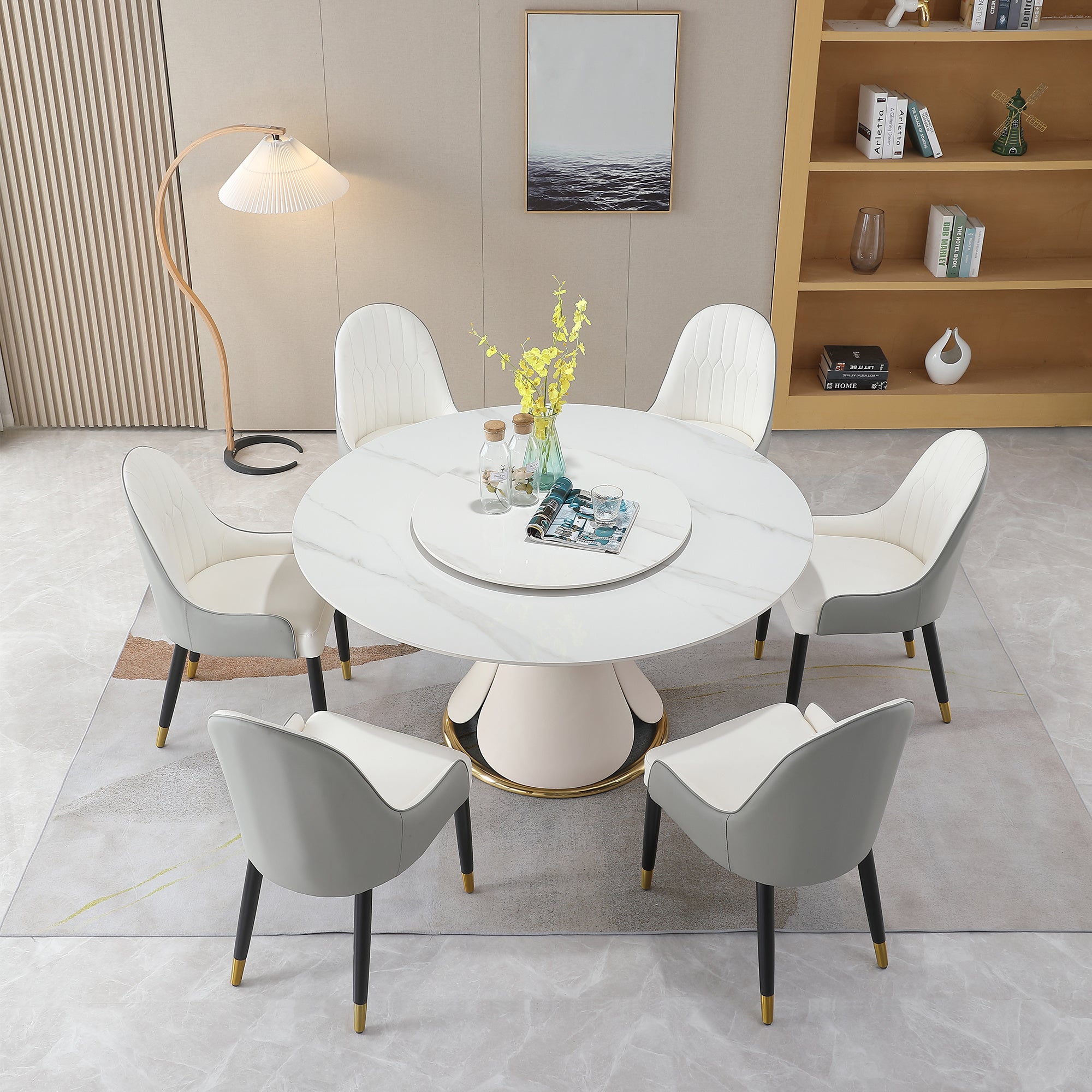 59.05"Modern Sintered stone dining table with 31.5" round turntable with 6 pcs Chairs .