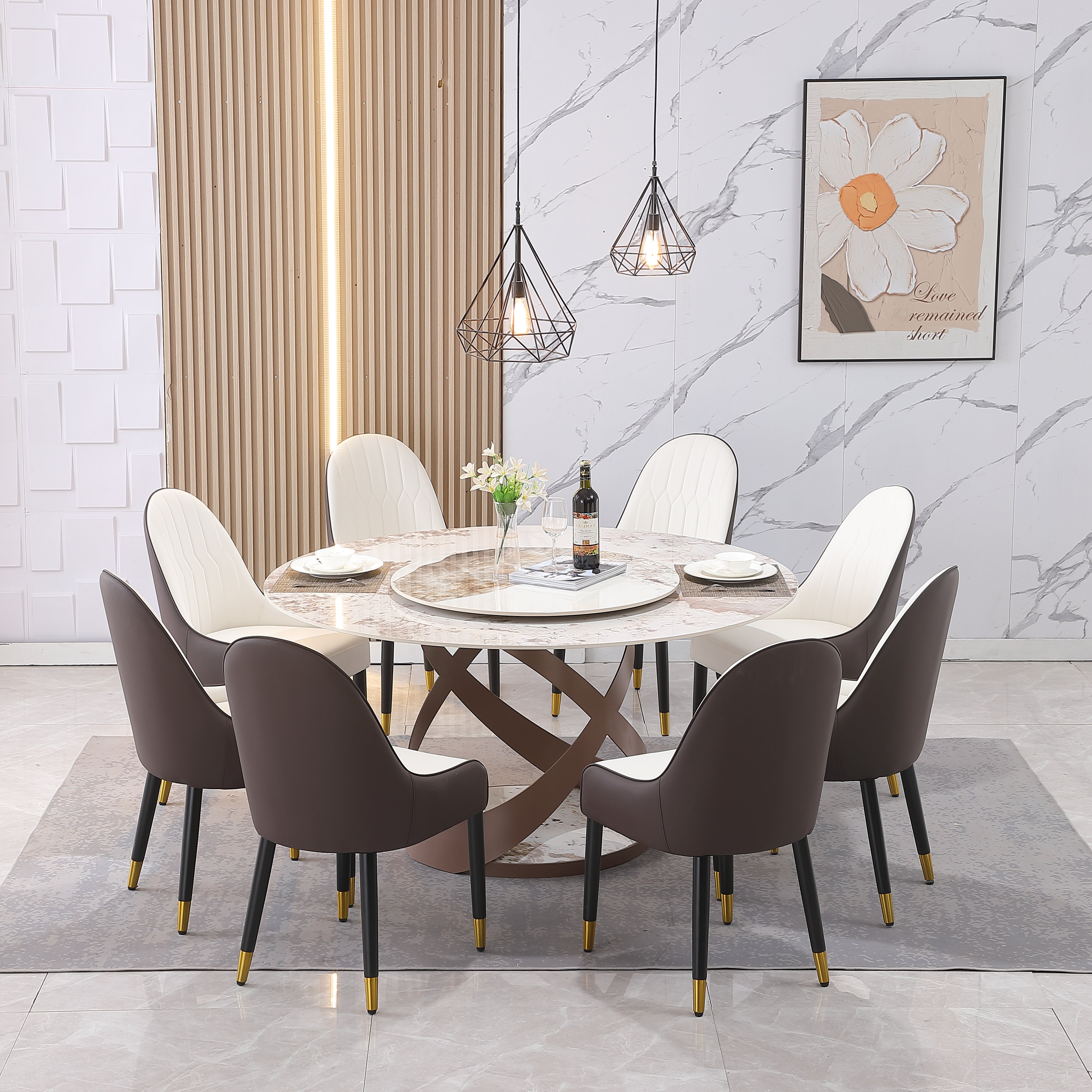 59.05"Modern Sintered stone dining table with 31.5" round turntable and metal exquisite pedestal with 8 pcs Chairs .