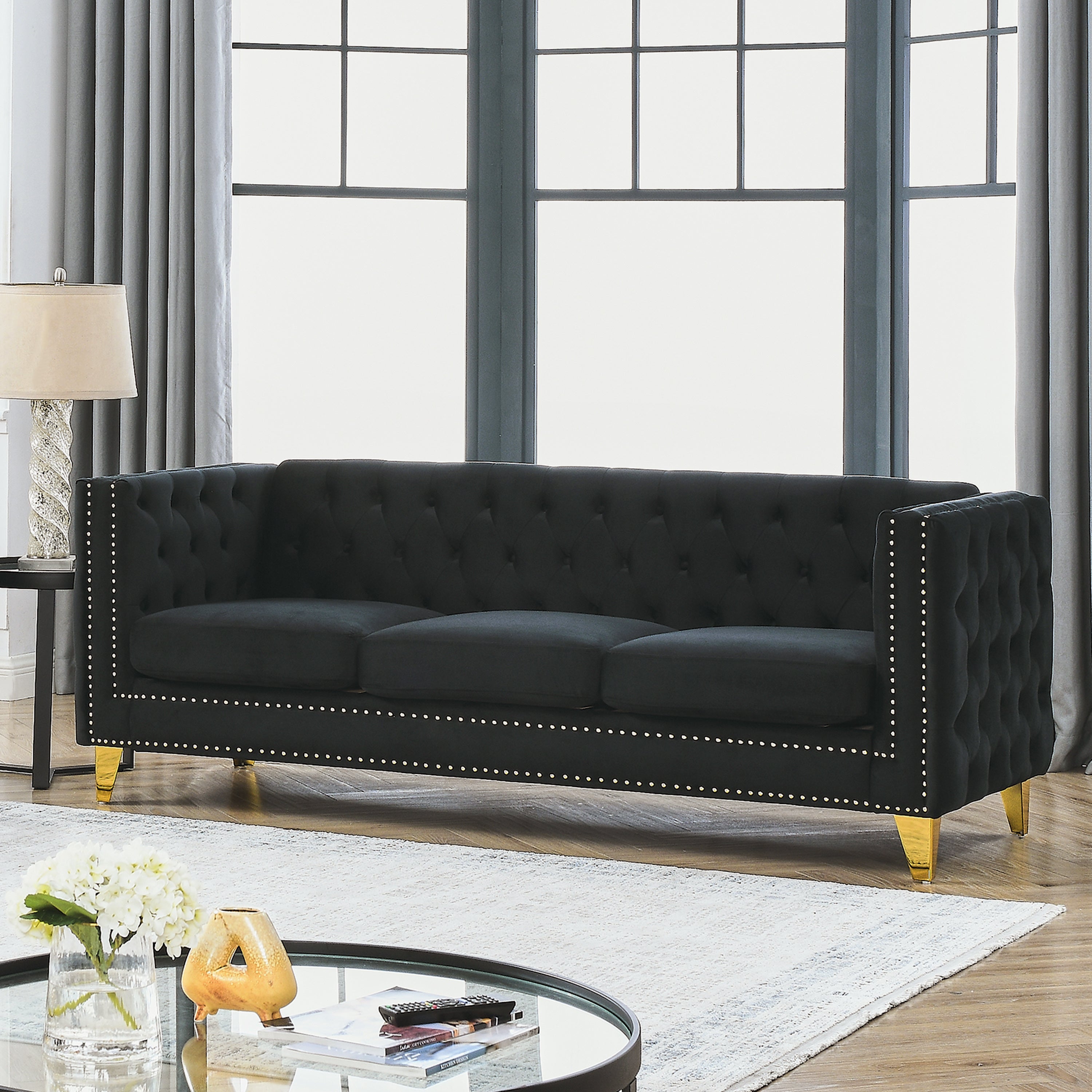 {Contact us for 3D modeling} Velvet Sofa for Living Room,Buttons Tufted Square Arm Couch, Modern Couch Upholstered Button and Metal Legs, Sofa Couch for Bedroom, Black Velvet(W834S00022)