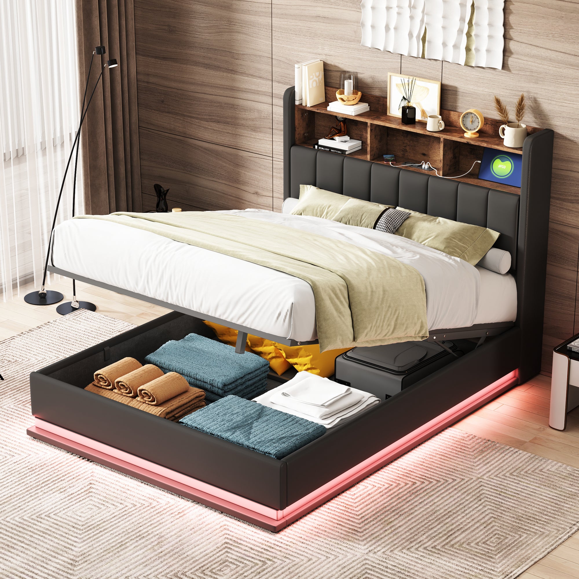 Full Size Upholstered Platform Bed with Storage Headboard and Hydraulic Storage System, PU Storage Bed with LED Lights and USB charger, Black
