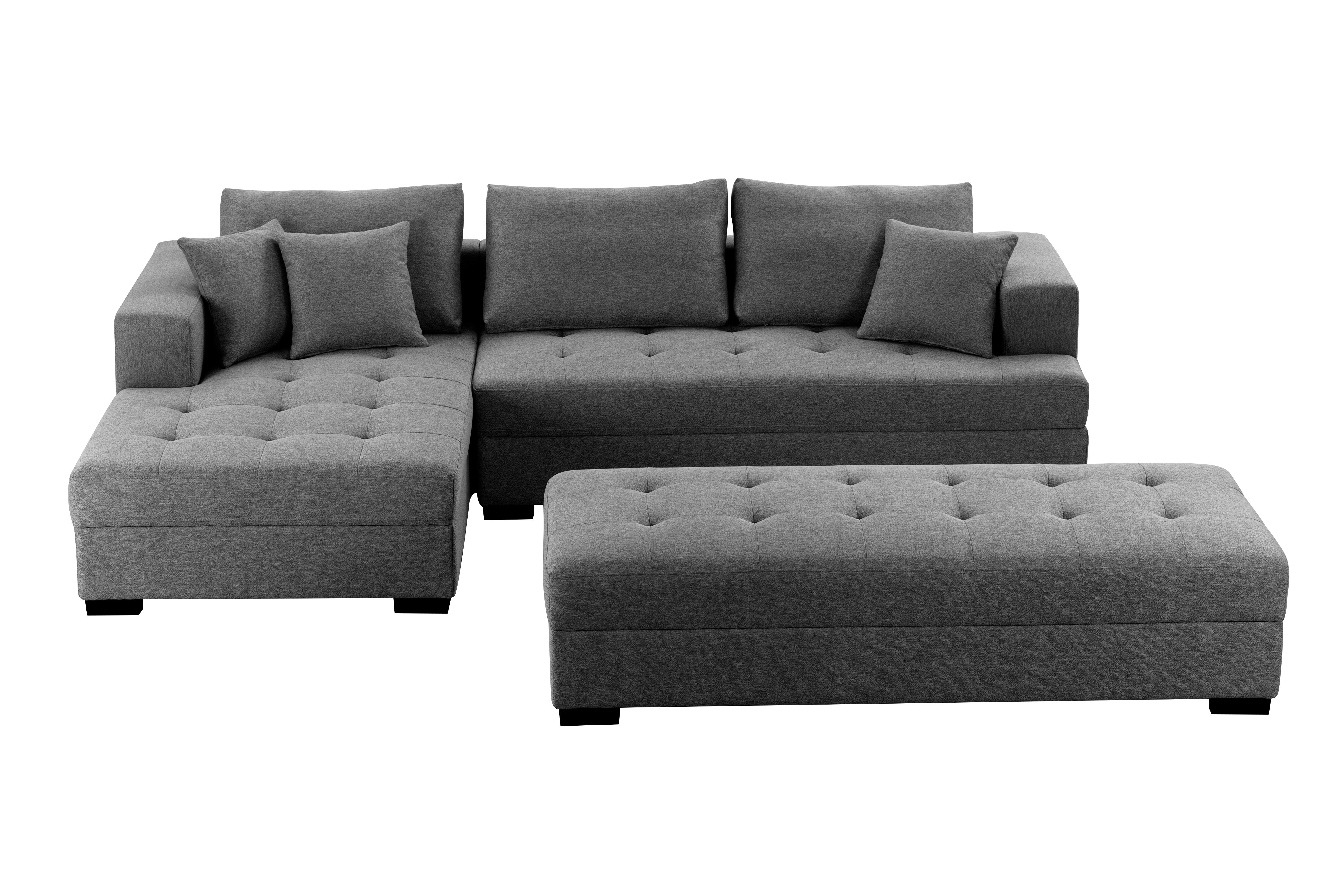 111'' Tufted Fabric 3-Seat L-Shape Sectional Sofa Couch Set w/Chaise Lounge, Ottoman Coffee Table Bench, Dark Grey