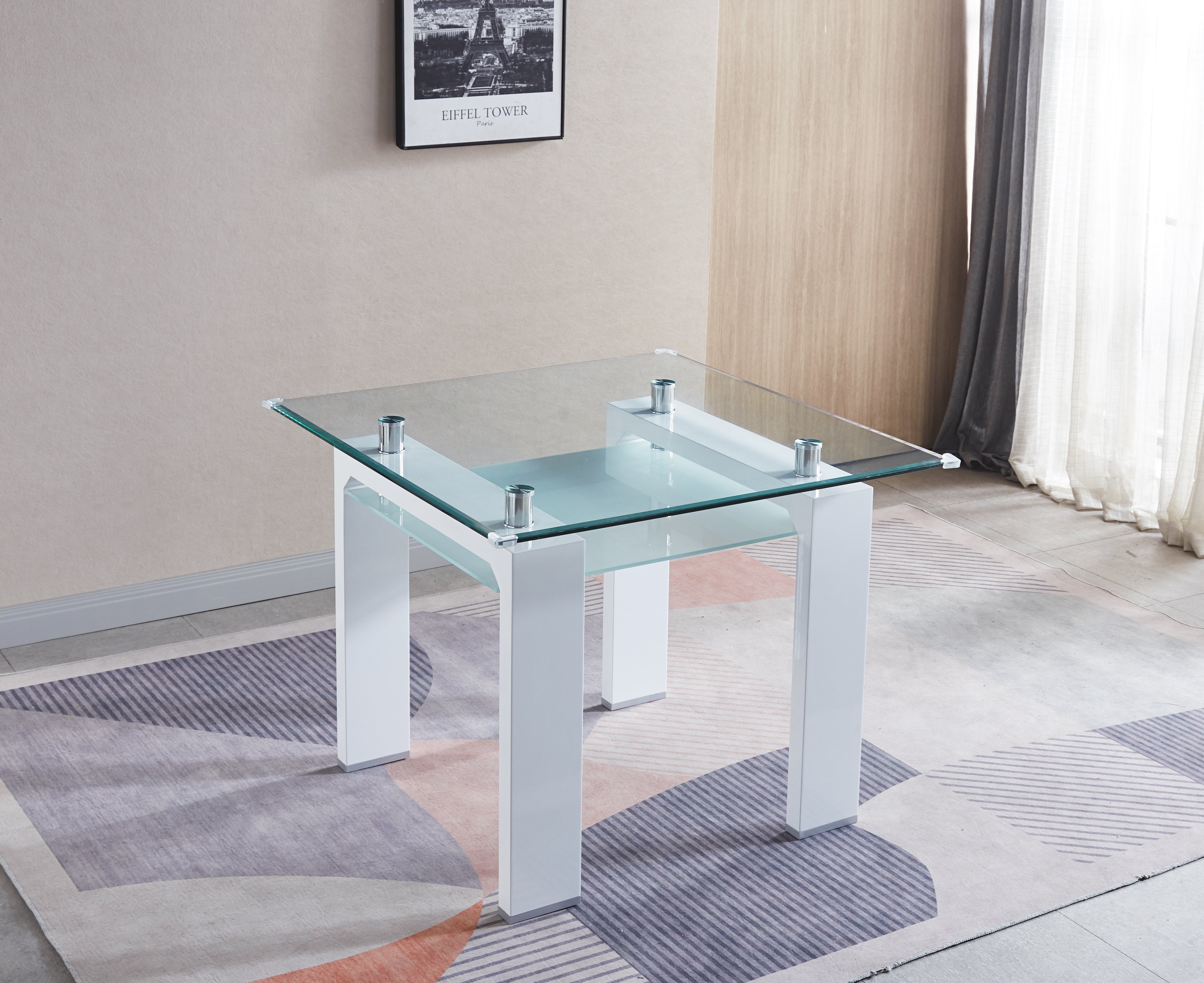 Tempered Glass Top Square Double-Layer Dining Table with MDF Legs
