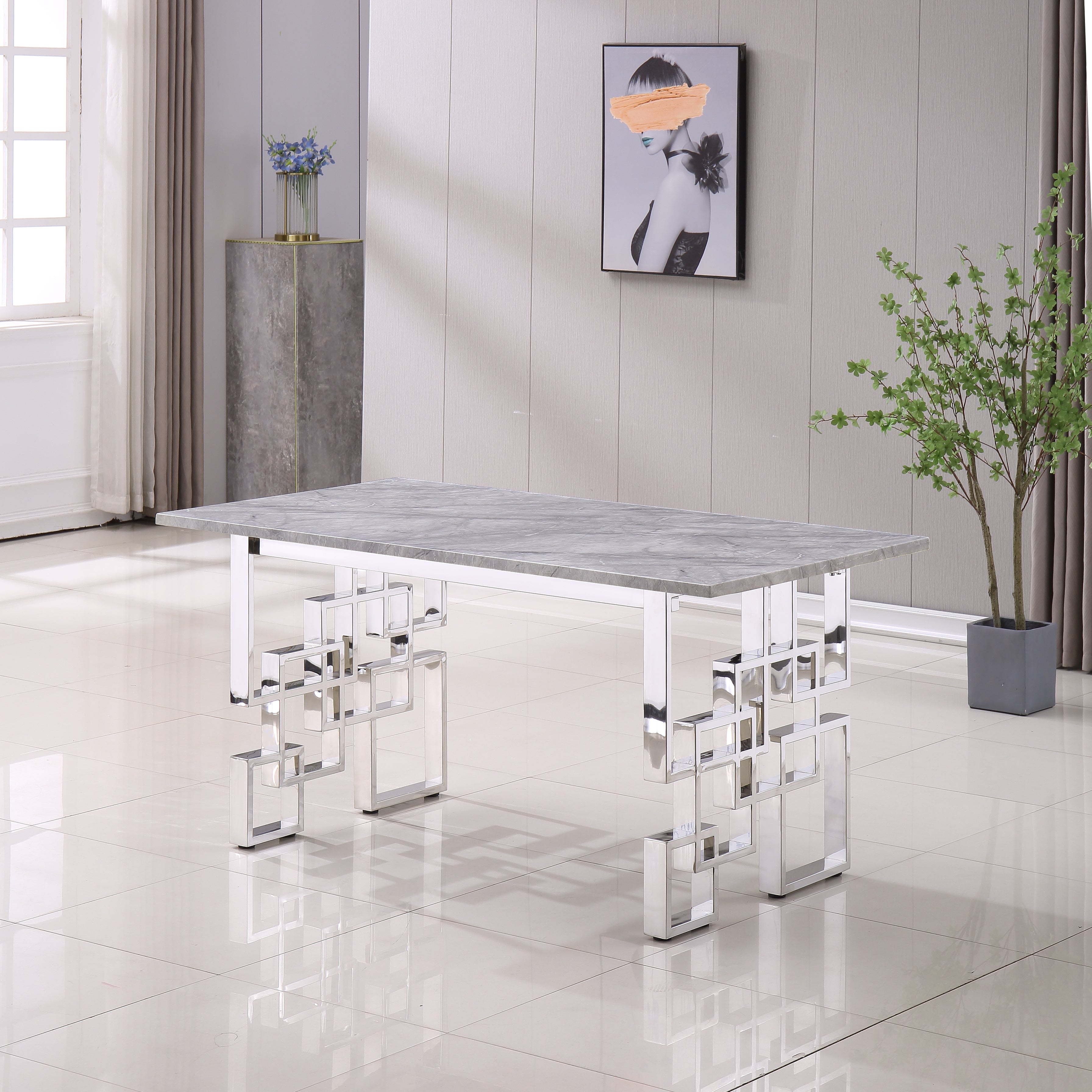 Contemporary Rectangular Marble Table, 0.71" Marble Top, Silver Mirrored Finish, Luxury Design For Home (63"x35.4"x29.5")