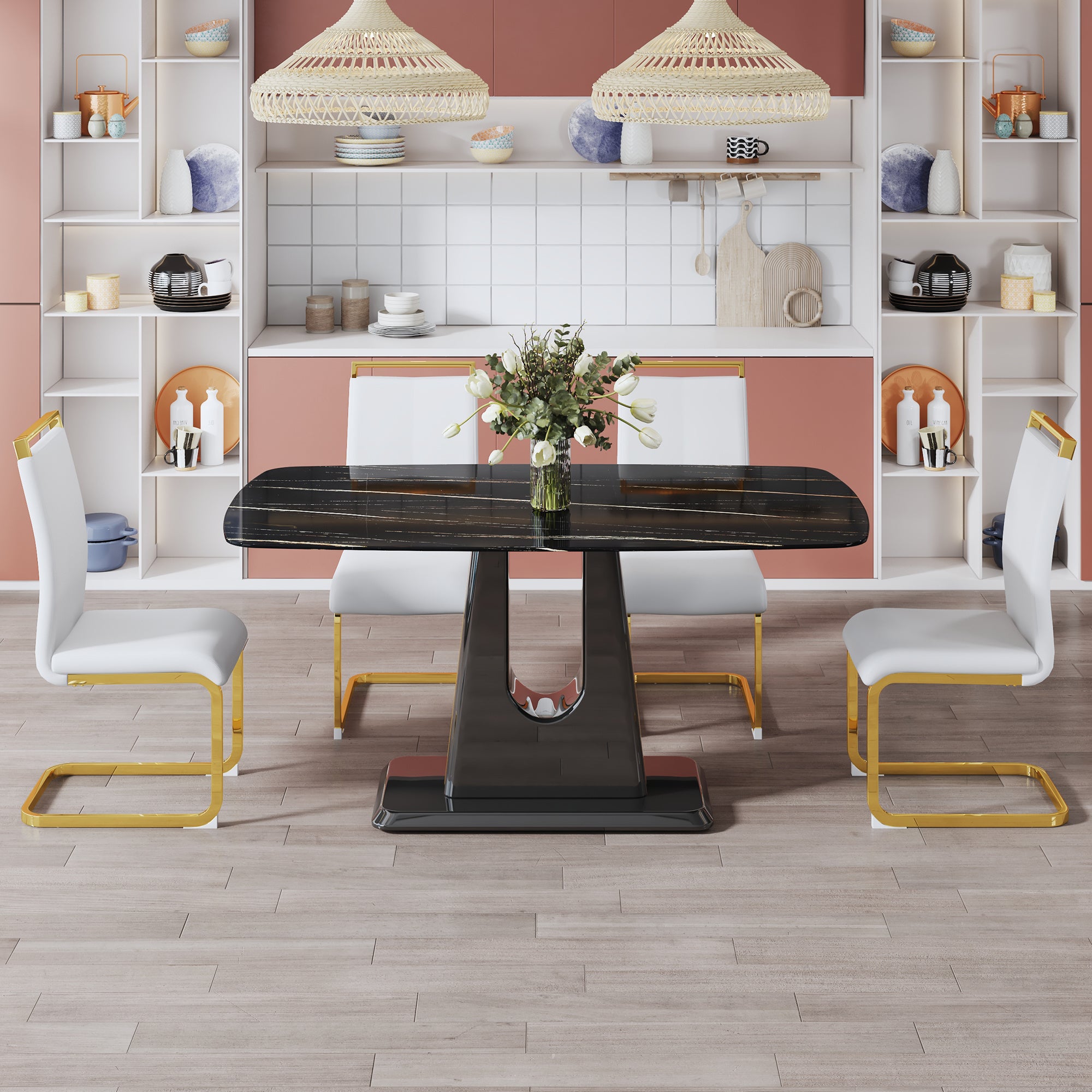 1 table and 4 chairs. Modern, simple and luxurious black imitation marble rectangular dining table and desk with 4 white PU gold plated leg chairs 63'' x 35.4'' X 30''
