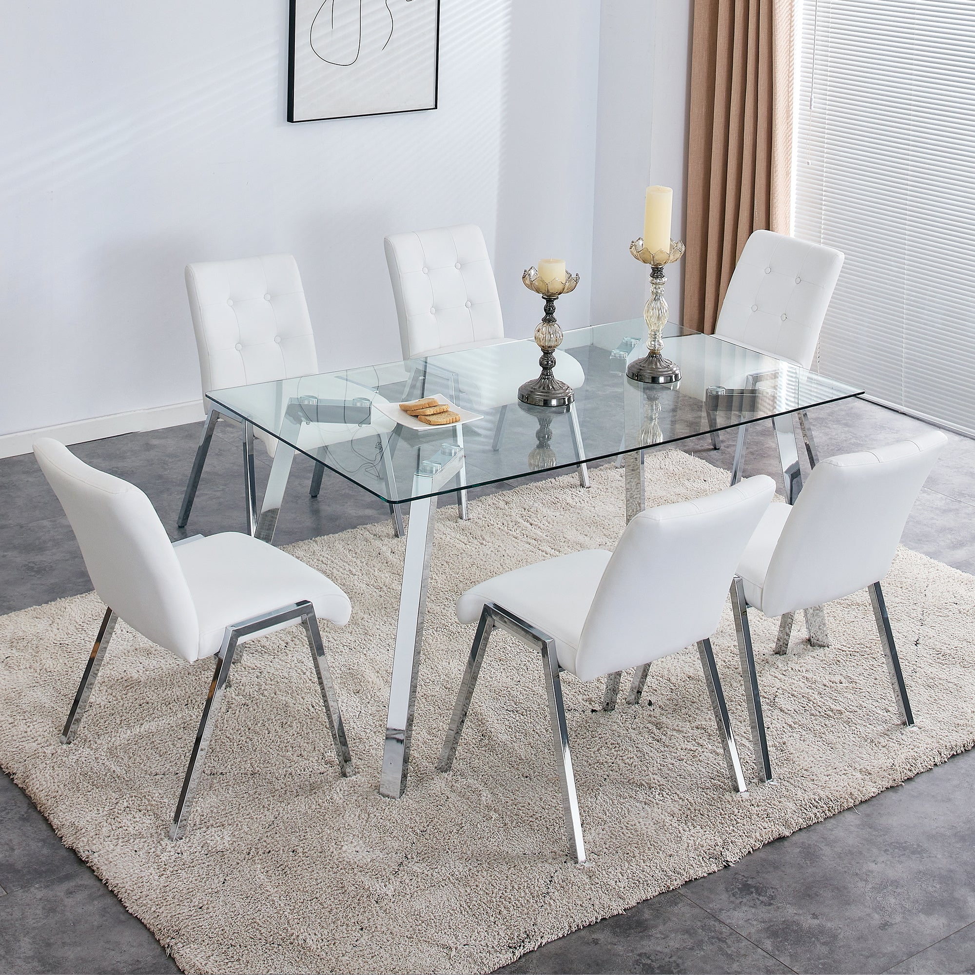 Table and chair set, 1 table with 6 white chairs. Rectangular glass dining table with tempered glass tabletop and silver metal legs. Paired with armless PU dining chairs and electroplated metal legs.