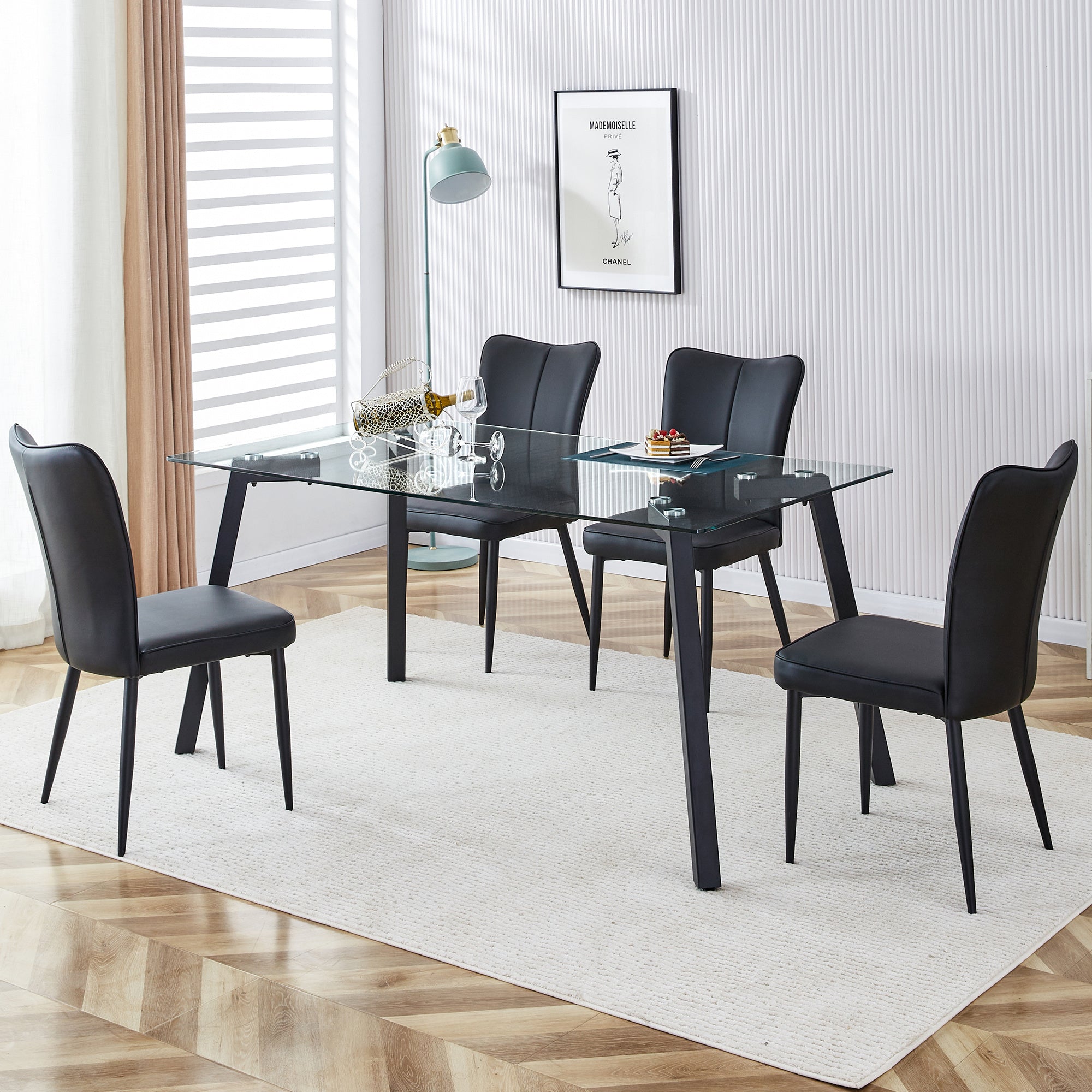 Table and chair set. 1 table and 4 black chairs. Glass dining table with 0.31-inch tempered glass tabletop and black coated metal legs. Equipped with black PU chairs 1123 008