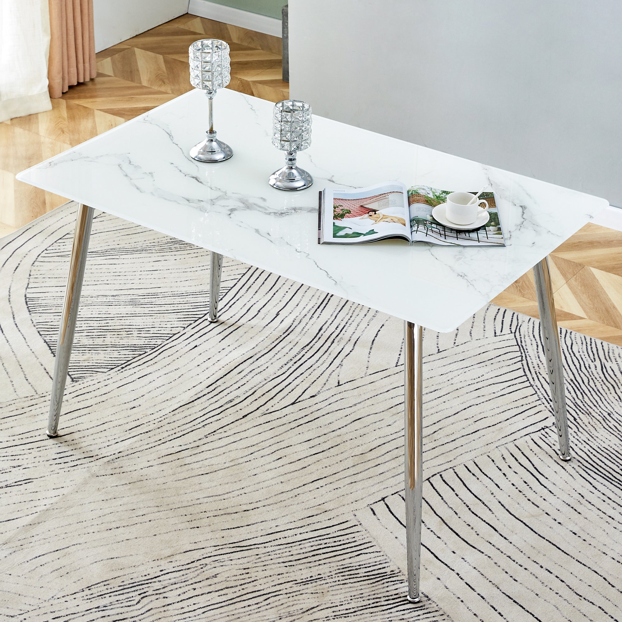 Modern minimalist rectangular white imitation marble dining table, 0.3 inch thick, silver metal legs, suitable for kitchens, restaurants, and living rooms 51"*31.4"* 30" DT-1544