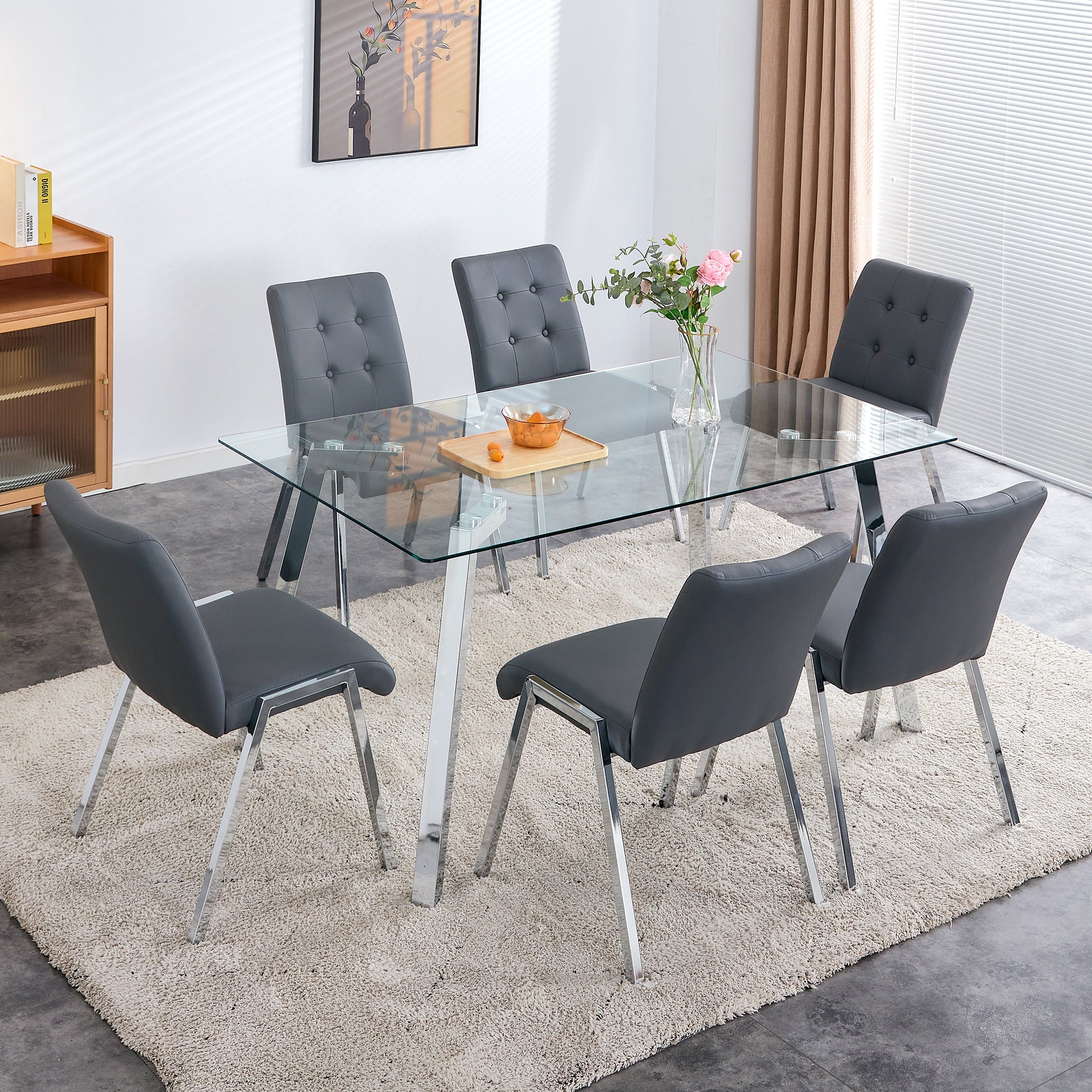 Table and chair set, 1 table with 6 grey chairs. Rectangular glass dining table with tempered glass tabletop and silver metal legs. Paired with armless PU dining chairs and electroplated metal legs.