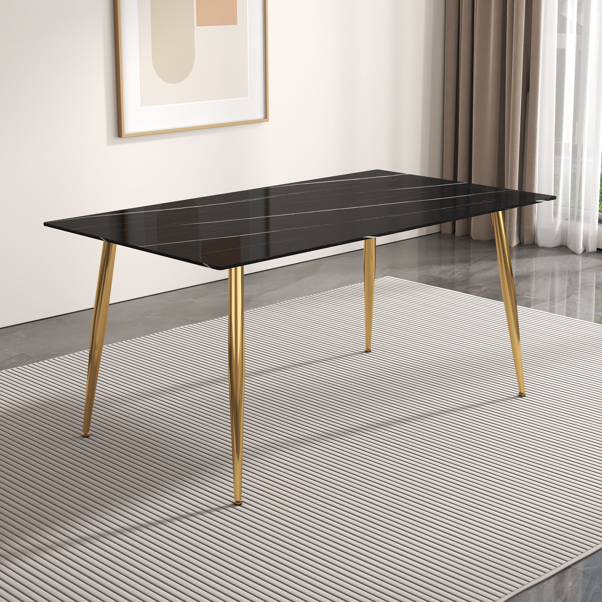Modern minimalist rectangular black imitation marble dining table, 0.4 inches thick, gold color metal legs, suitable for kitchen, dining room, and living room 63"* 35.4" * 30 "DT-1544