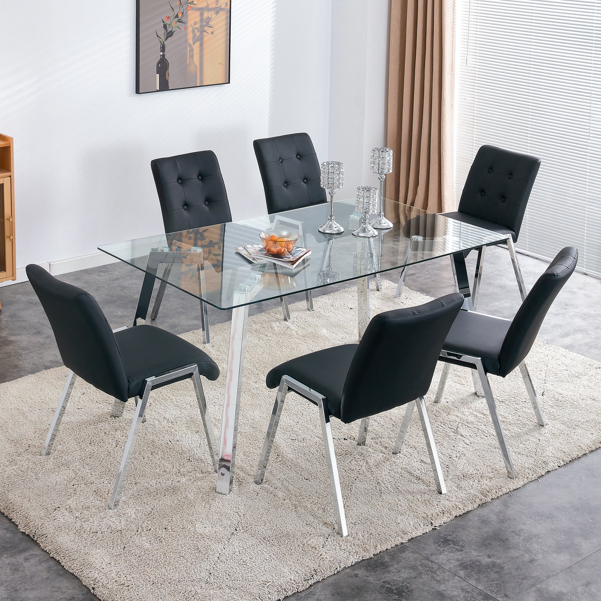Table and chair set, 1 table with 6 black chairs. Rectangular glass dining table with tempered glass tabletop and silver metal legs. Paired with armless PU dining chairs and electroplated metal legs.
