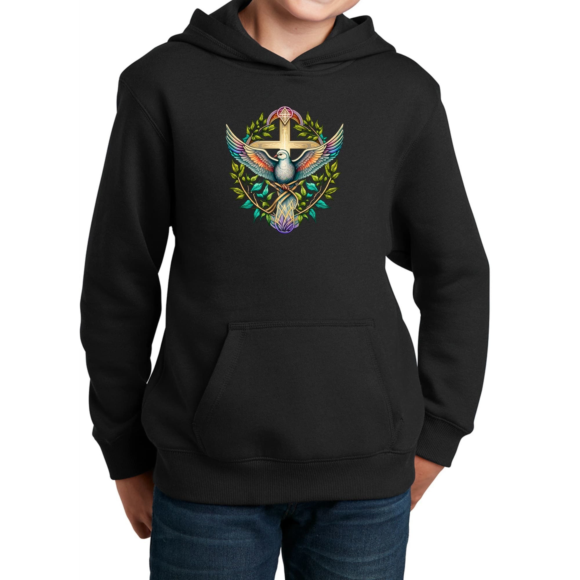 Blue Green Multicolor Dove Floral Illustration Youth Graphic Hoodie