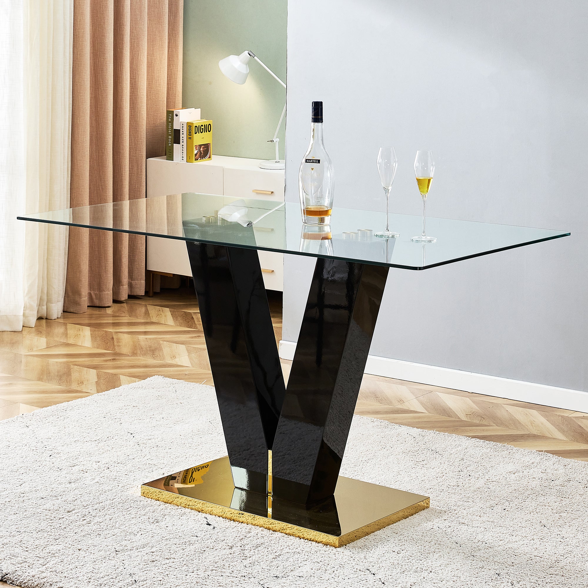 Large Modern Minimalist Rectangular Glass Dining Table for 6-8 with 0.4" Tempered Glass Tabletop and MDF slab V-Shaped Bracket,For Kitchen Dining Living Meeting Room Banquet Hall F-V