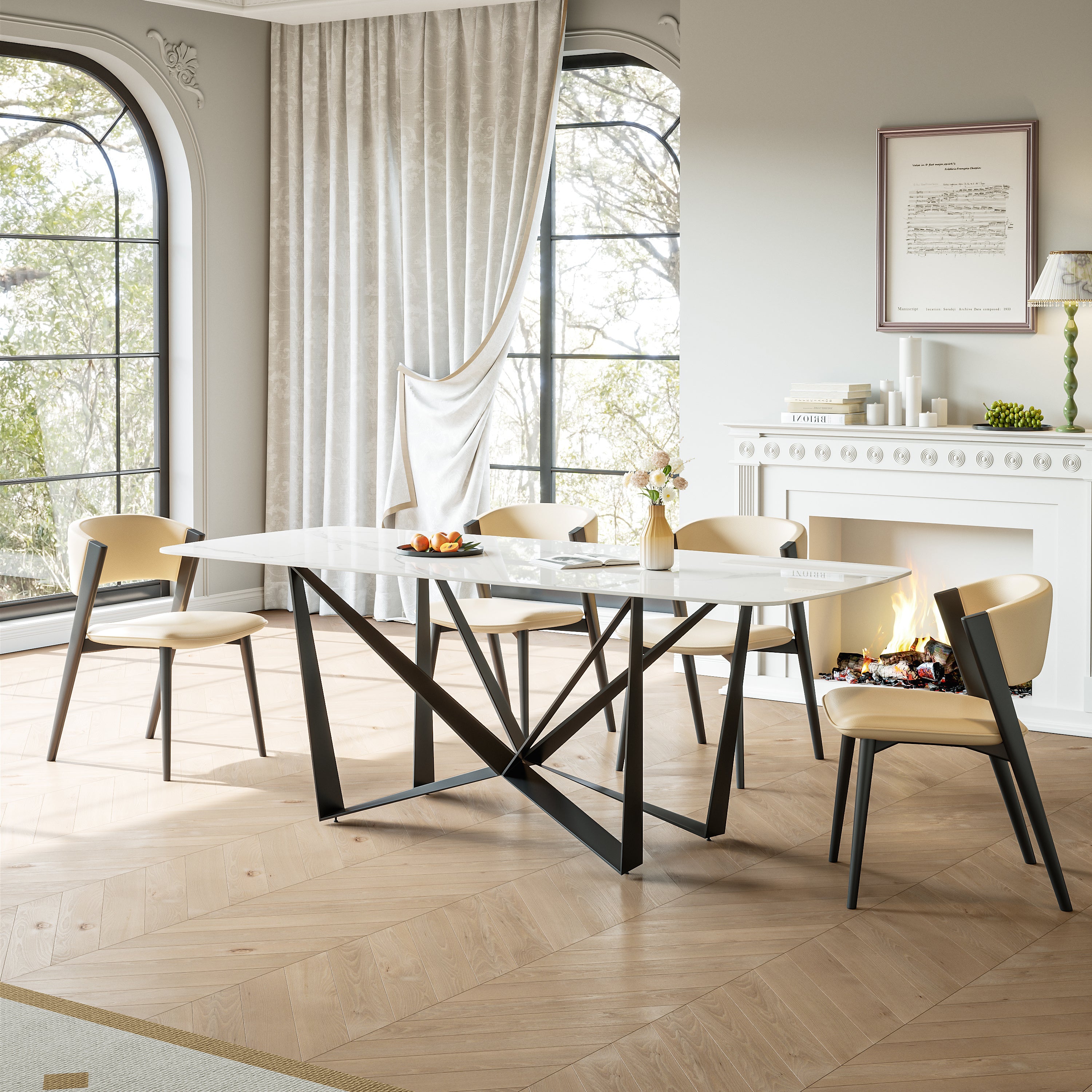 Sleek Black Sandstone Dining Table with Glossy Snow Mountain Stone Top and Carbon Steel Base load capacity 94.5 kg (Excluding chairs)