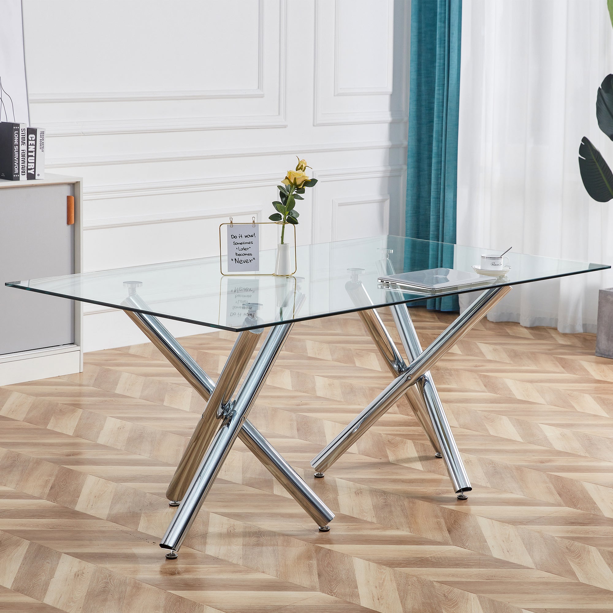 Large Modern Minimalist Rectangular Glass Dining Table for 6-8 with 0.39" Tempered Glass Tabletop and Silver Chrome Metal Legs, for Kitchen Dining Living Meeting Room Banquet hall, 71' x39''x 30''1538