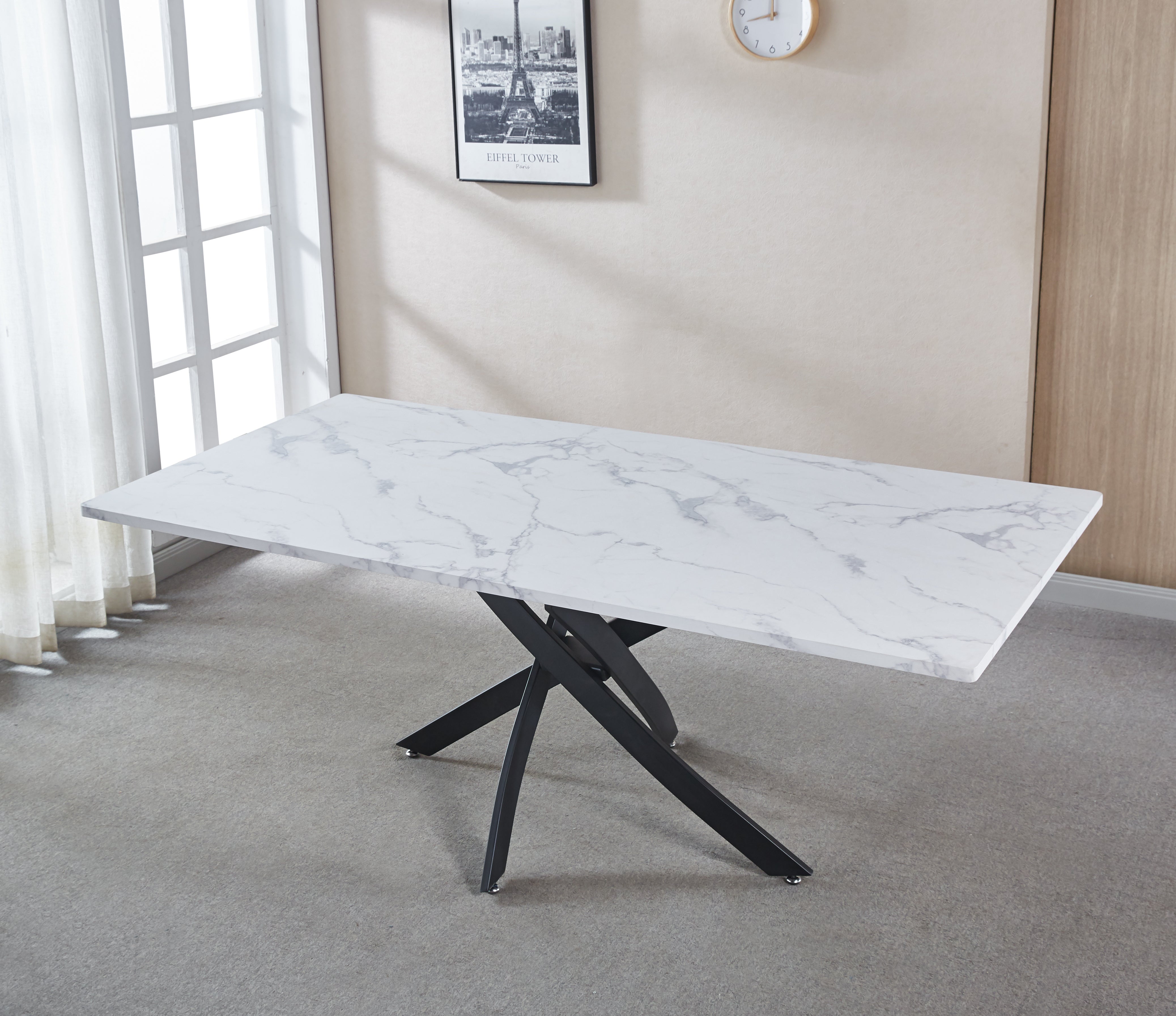 Rectangle MDF Dining Table, Printed Marble Table Top and Black Metal Base