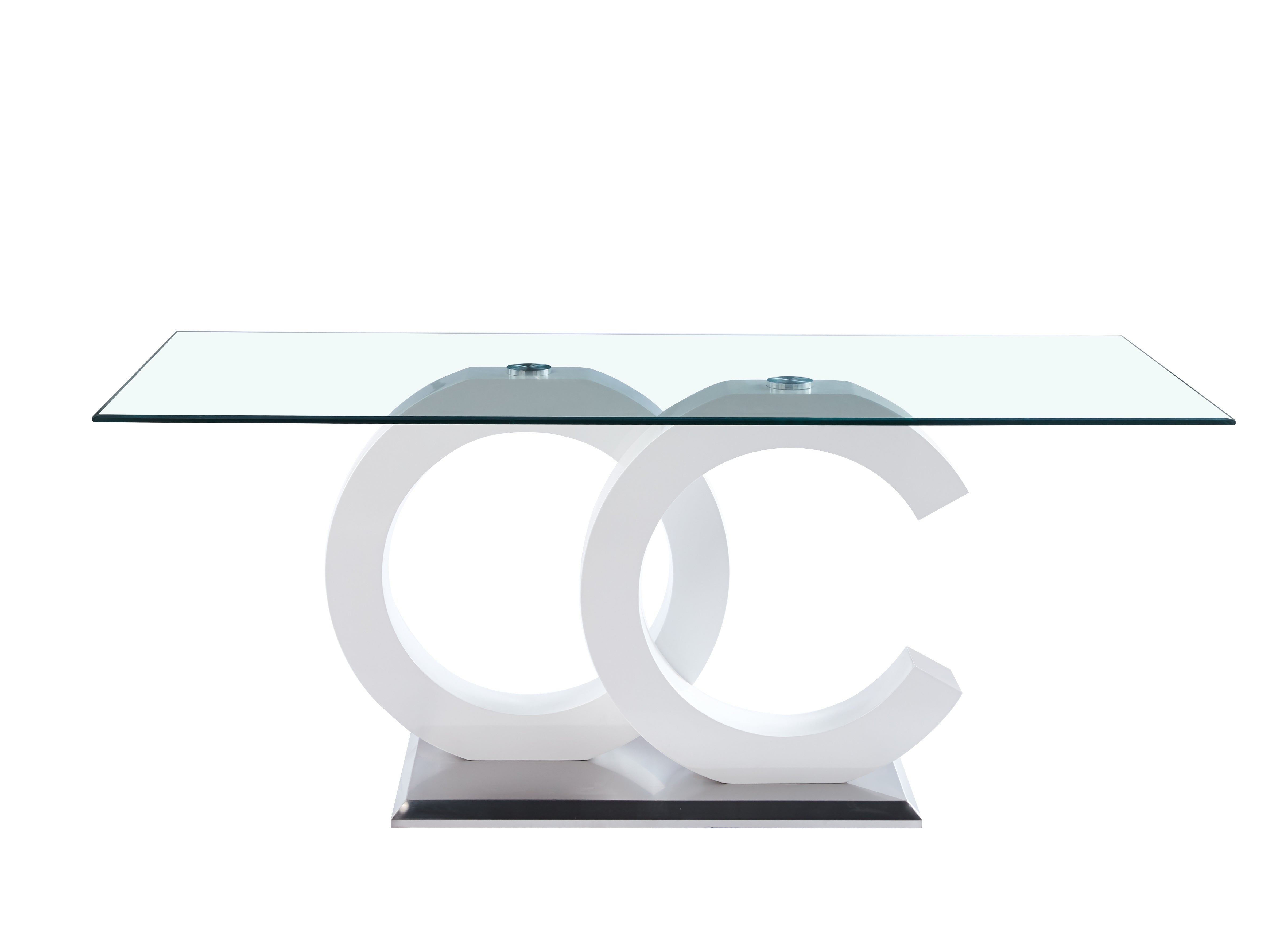 Tempered Glass Dining Table with White MDF Middle Support and Stainless Steel Base for Modern Design