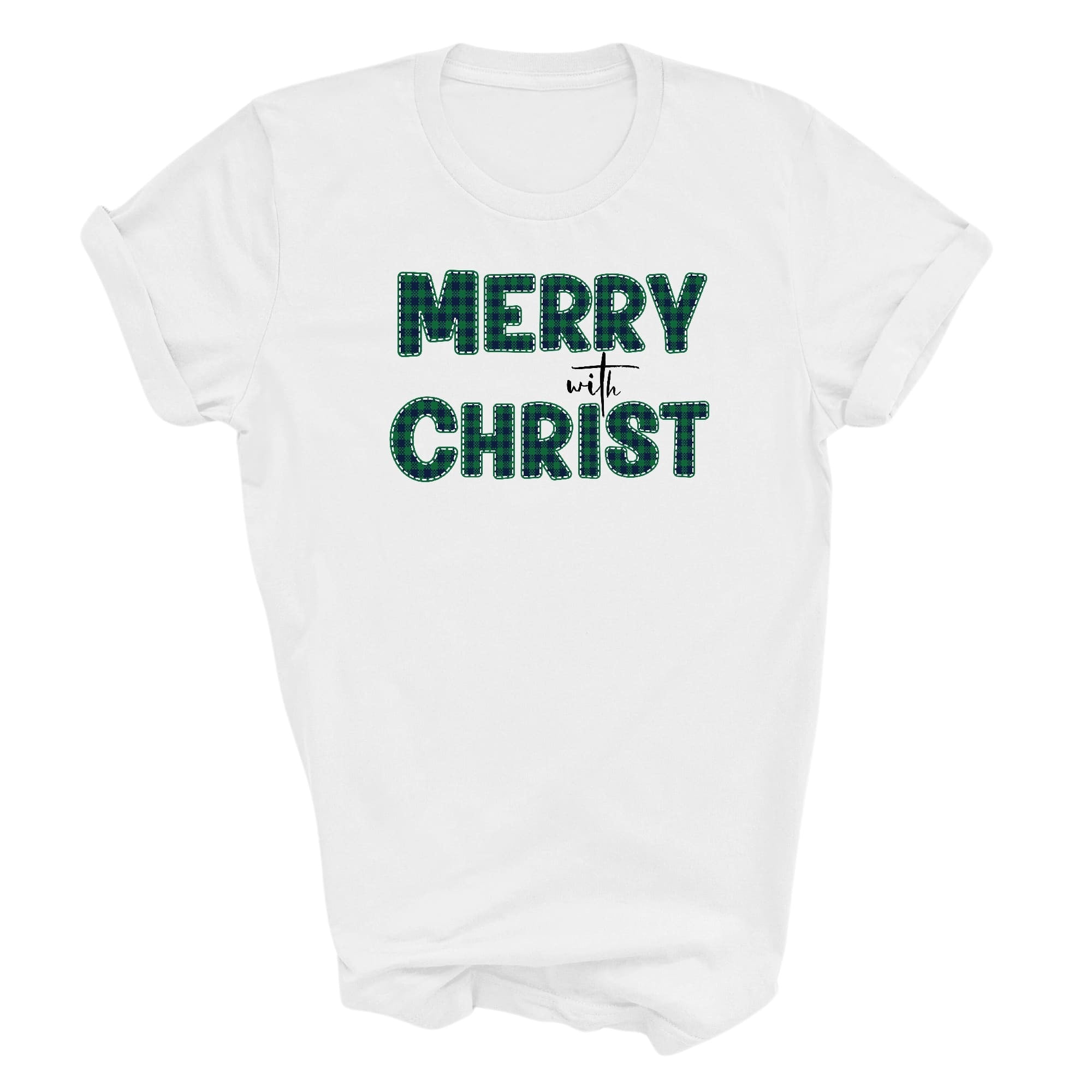 Graphic Tee T-shirt Merry With Christ, Green Plaid Christmas Holiday