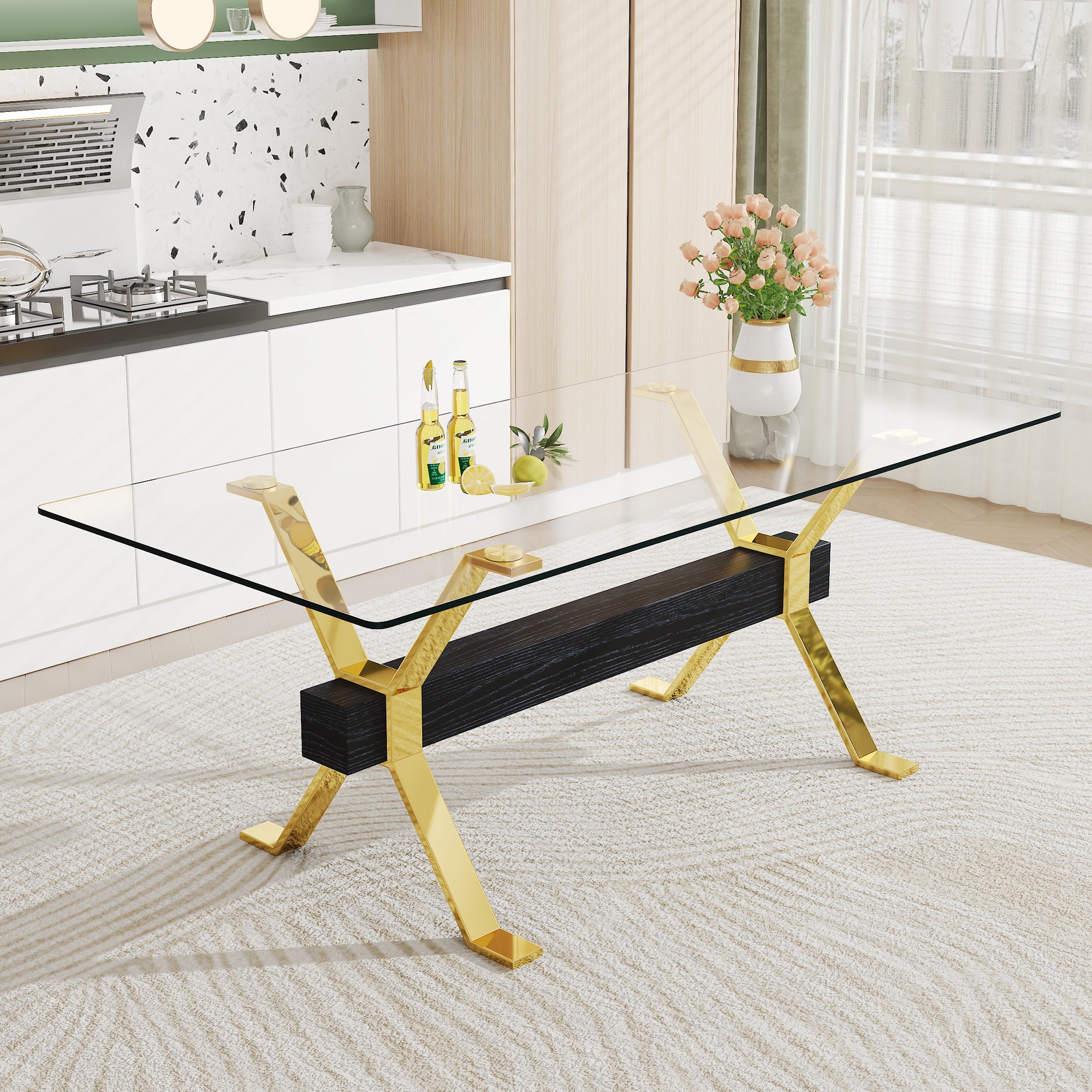 Dining table. Modern tempered glass dining table. Large modern office desk with gold plated metal legs and MDF crossbars, suitable for both home and office use. Kitchen. 79 ''x39''x30 '' 1105