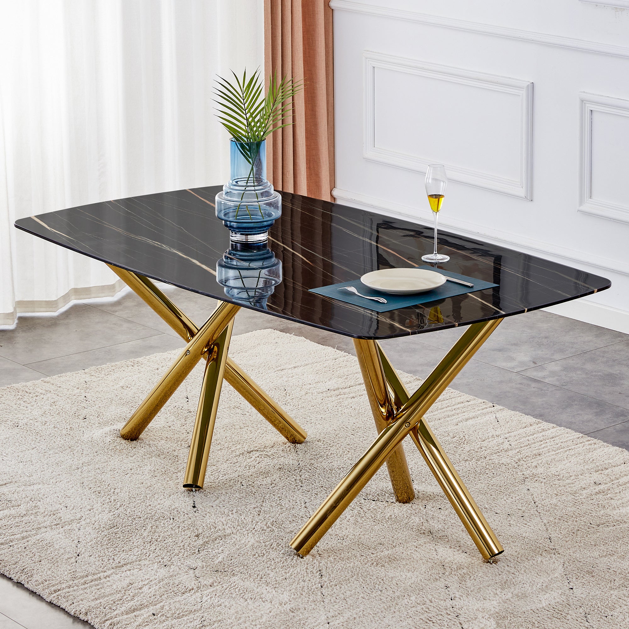Large modern minimalist rectangular dining table with 0.39 "imitation marble black desktop and gold metal legs, for Kitchen Dining Living Meeting Room Banquet hal 1538