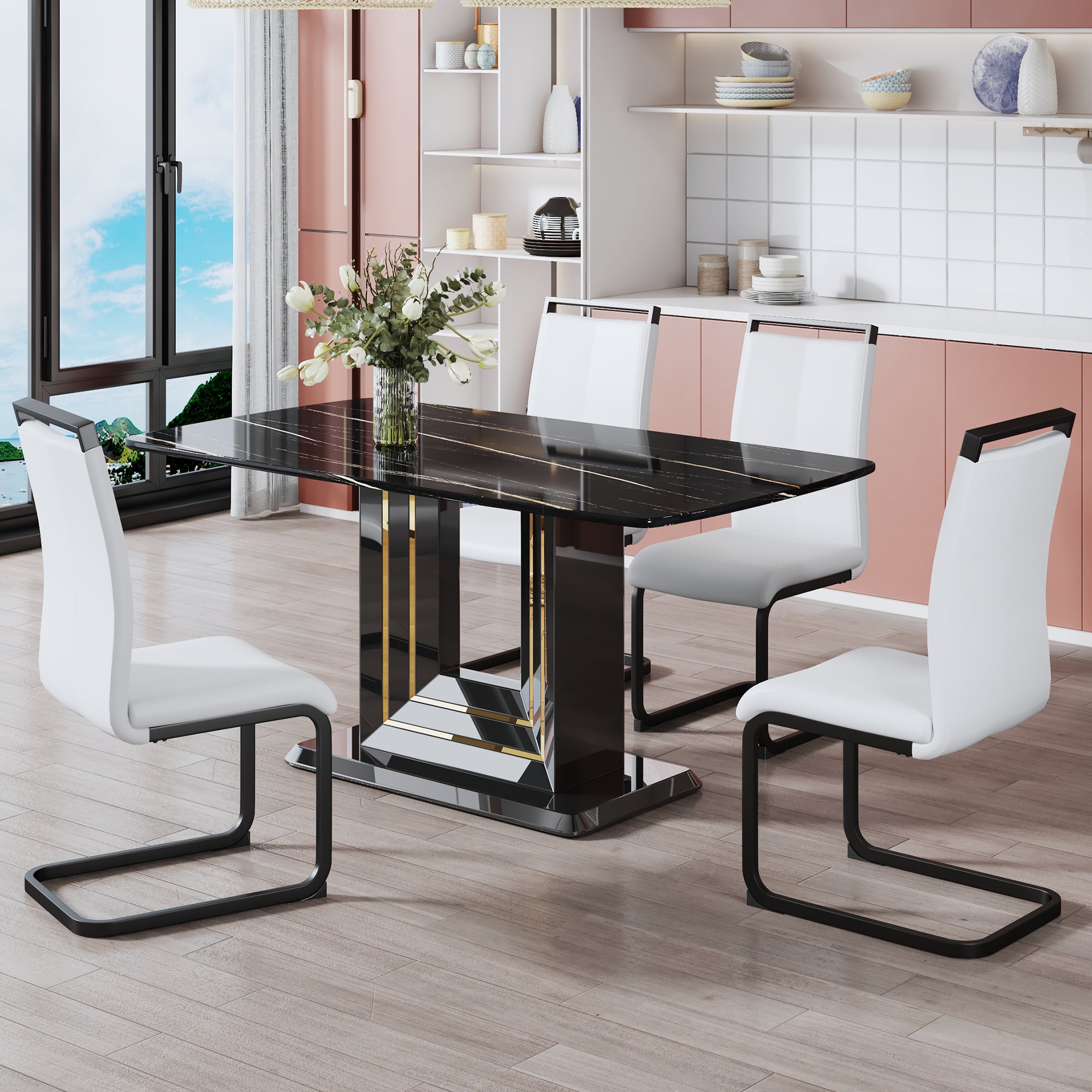 A table and four chairs. The table features a black imitation marble pattern tabletop and black gold MDF legs. The chair has a white PU backrest cushion and black metal legs. F-SQ C-1162