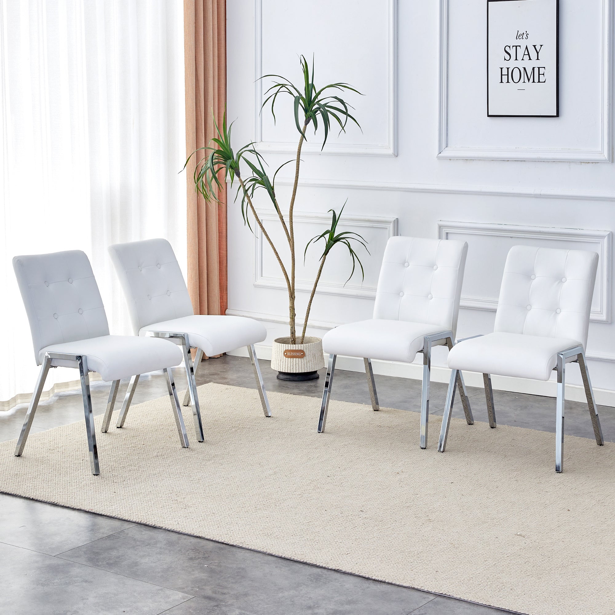 Armless high backrest dining chair, electroplated metal legs, white 4-piece set chair, office chair. Suitable for restaurants, living rooms, kitchens, and offices. XS-0809