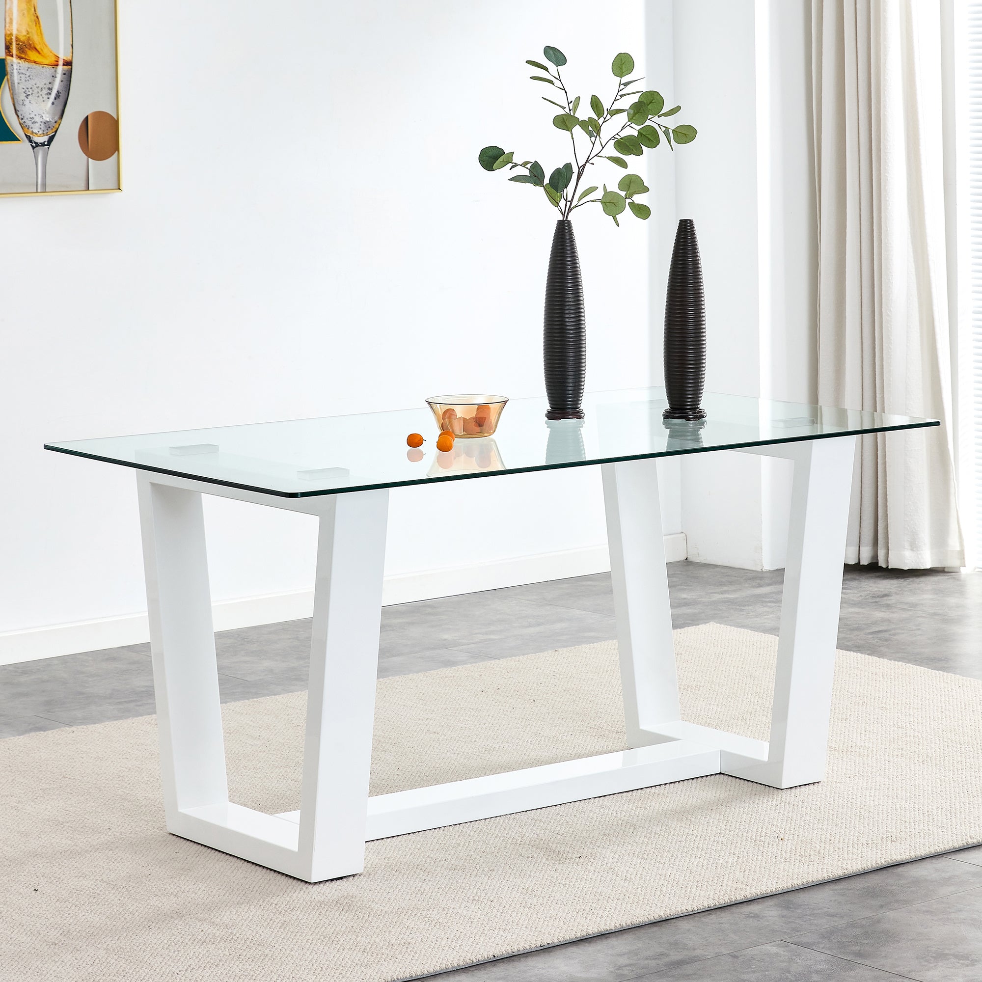 Glass Dining Table Large Modern Minimalist Rectangular for 6-8 with 0.4" Tempered Glass Tabletop and white MDF Trapezoid Bracket,For Kitchen Dining Living Meeting Room Banquet Hall F-1550